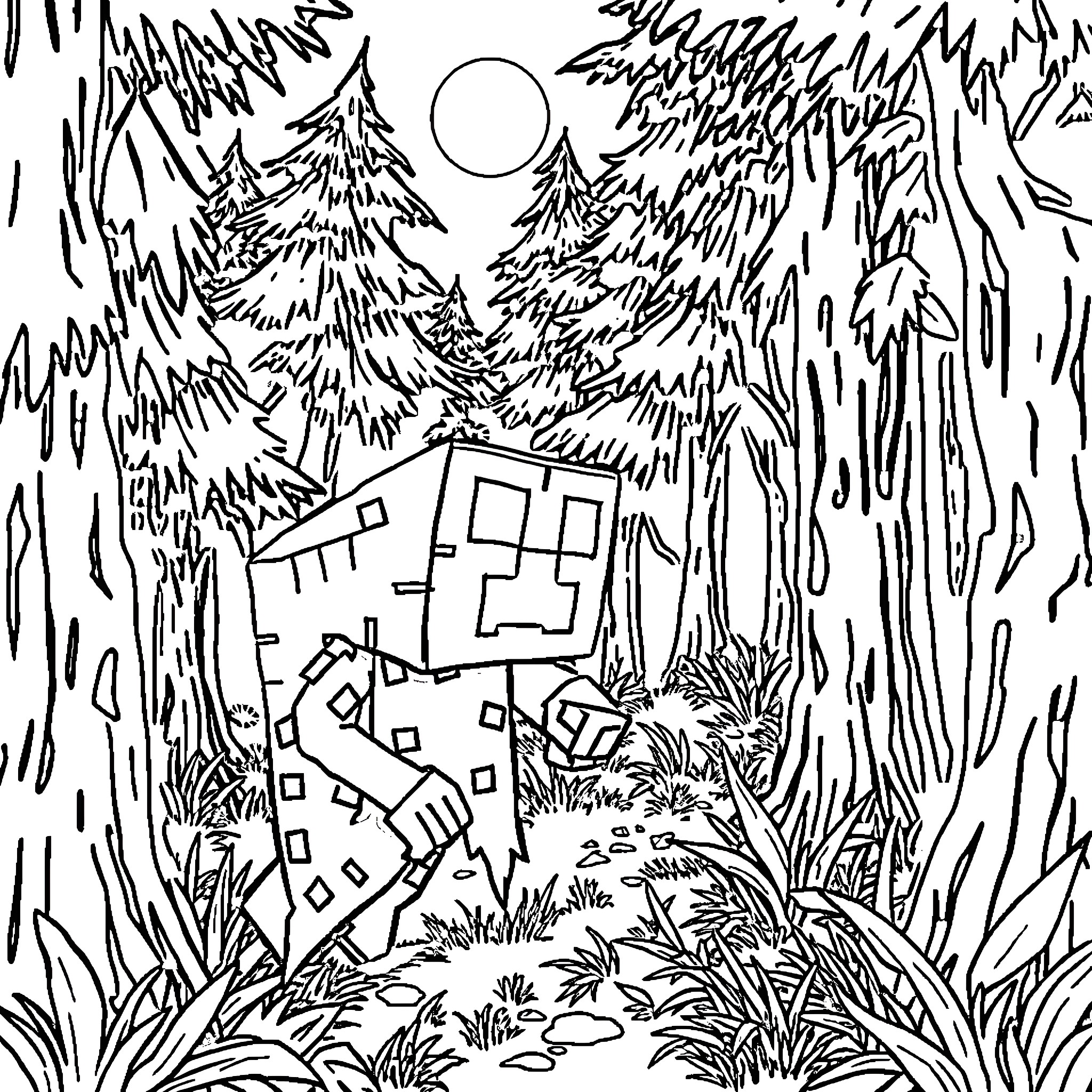 Creeper lurking in the dark forest Coloring Page (free black-and-white line drawing printable PDF for all, from beginners to advanced learners, including children, teens, adults, and seniors)