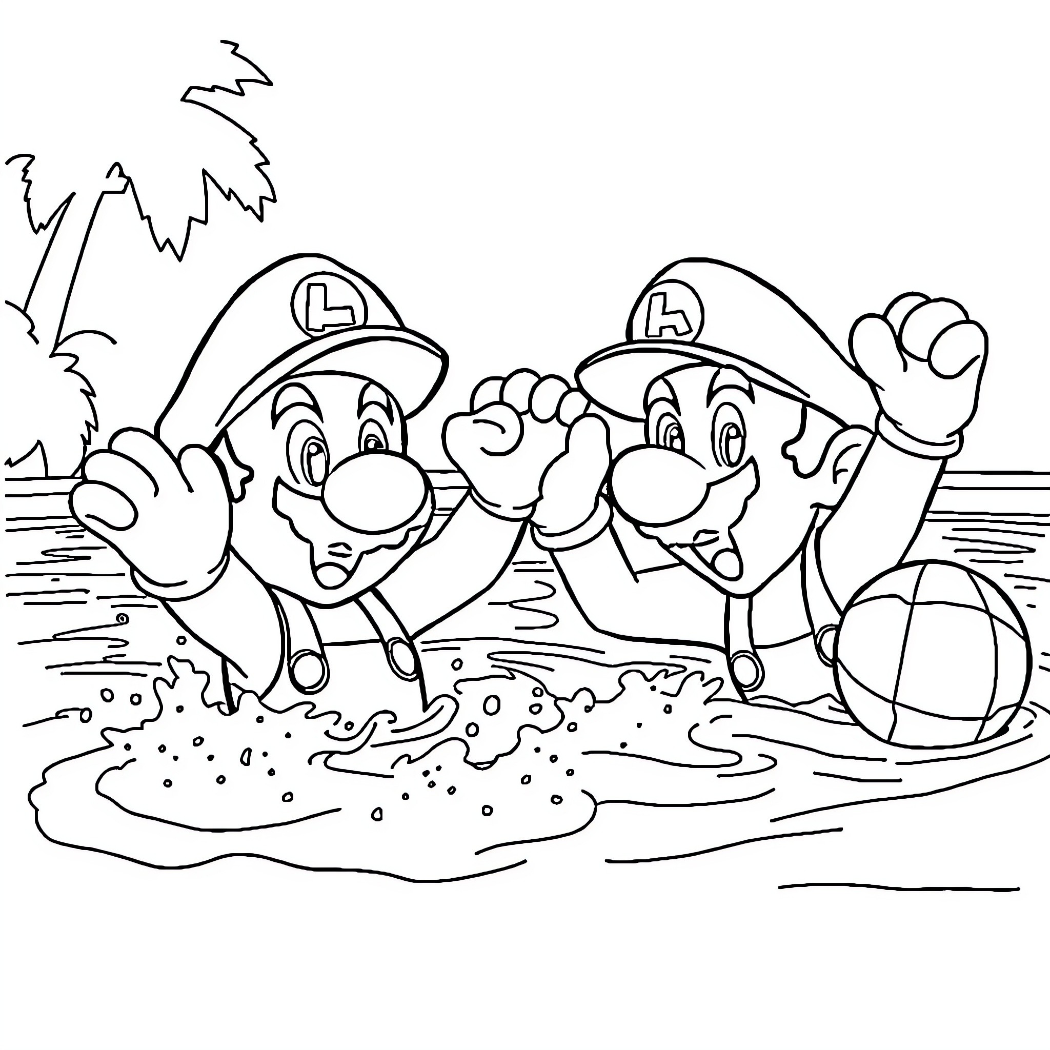 Mario and Luigi playing in the mud Coloring Page (free black-and-white line drawing printable PDF for all, from beginners to advanced learners, including children, teens, adults, and seniors)