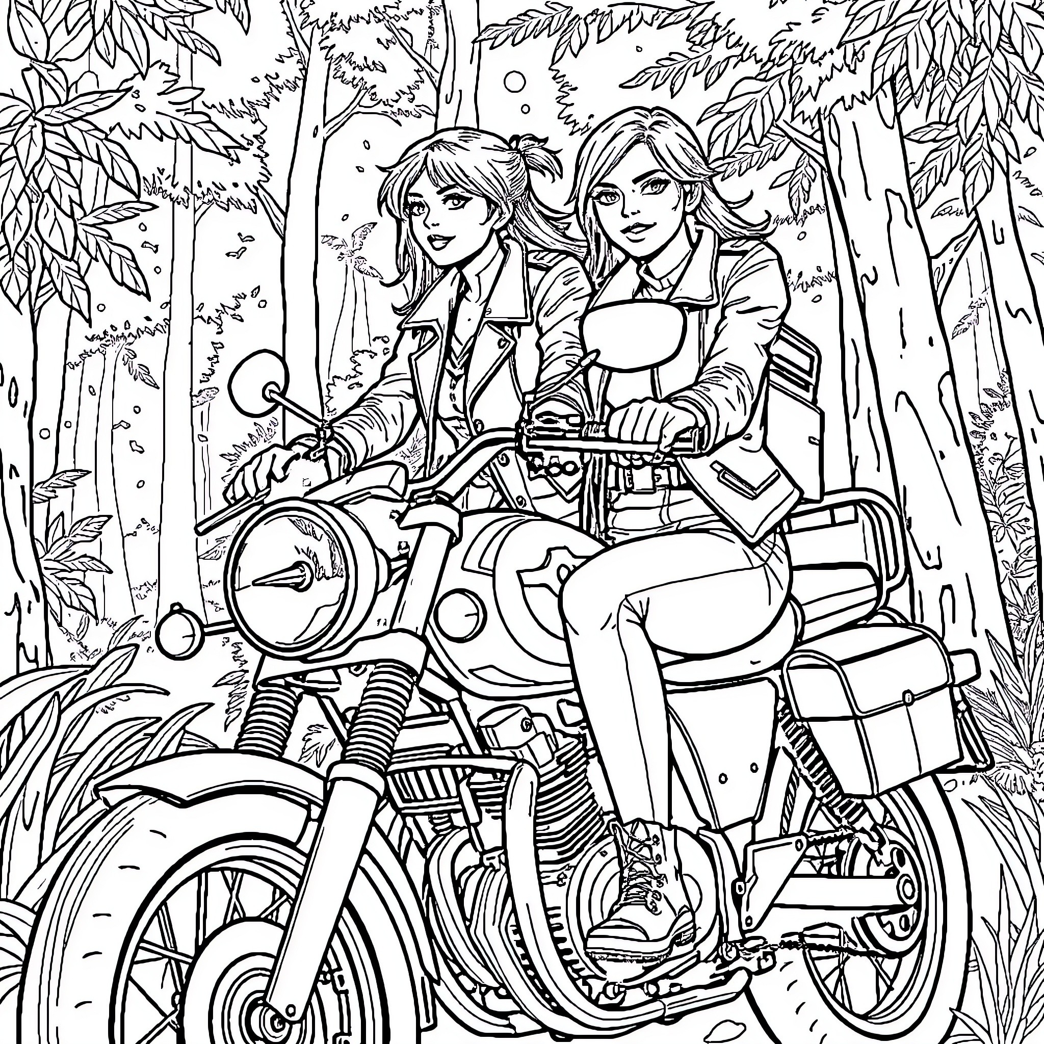 Women riding motorcycle in the forest Coloring Page (free black-and-white line drawing printable PDF for all, from beginners to advanced learners, including children, teens, adults, and seniors)