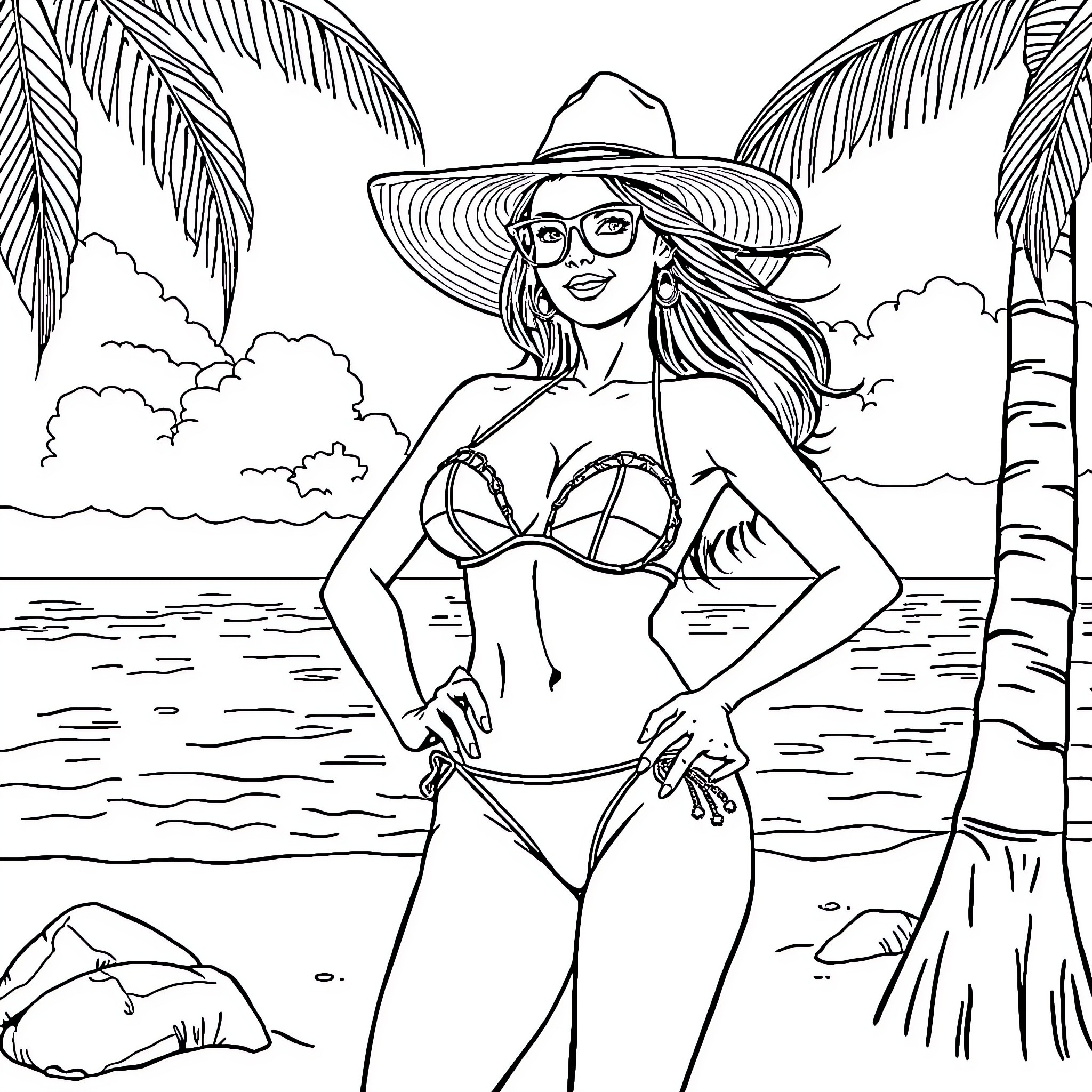 Bikini Model Posing Confidently on Tropical Beach Coloring Page (free black-and-white line drawing printable PDF for all, from beginners to advanced learners, including children, teens, adults, and seniors)