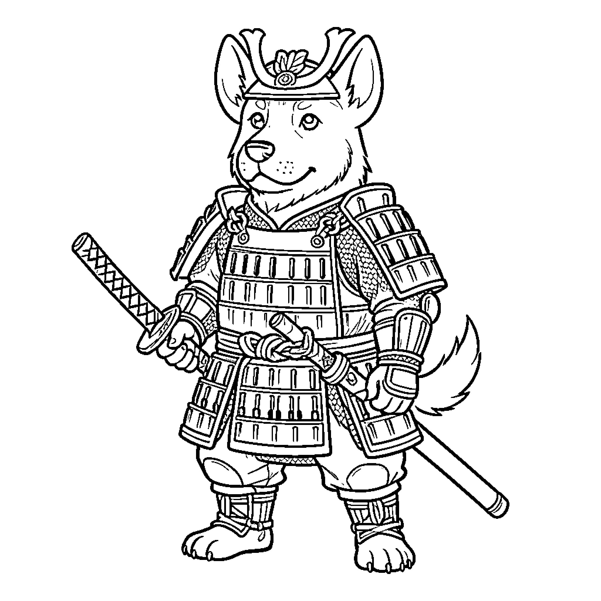 Samurai Dog in Traditional Warrior Attire Coloring Page (free black-and-white line drawing printable PDF for all, from beginners to advanced learners, including children, teens, adults, and seniors)