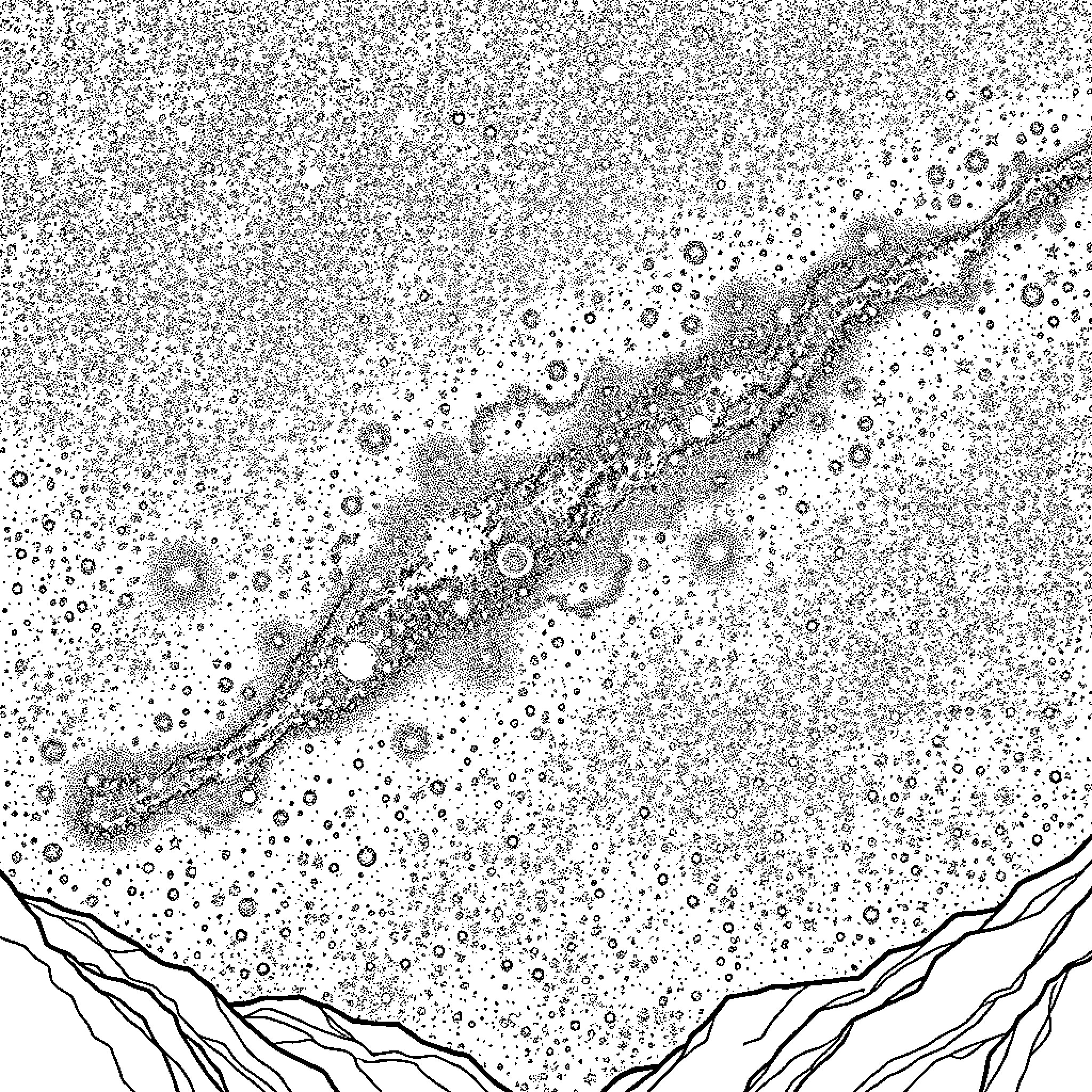 Milky Way over rugged mountain landscape Coloring Page (free black-and-white line drawing printable PDF for all, from beginners to advanced learners, including children, teens, adults, and seniors)