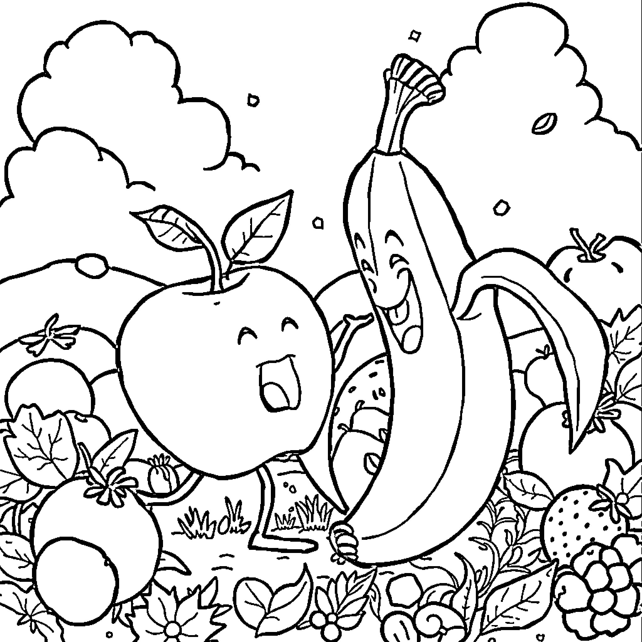 Apple fruits playing happily in the garden Coloring Page (free black-and-white line drawing printable PDF for all, from beginners to advanced learners, including children, teens, adults, and seniors)