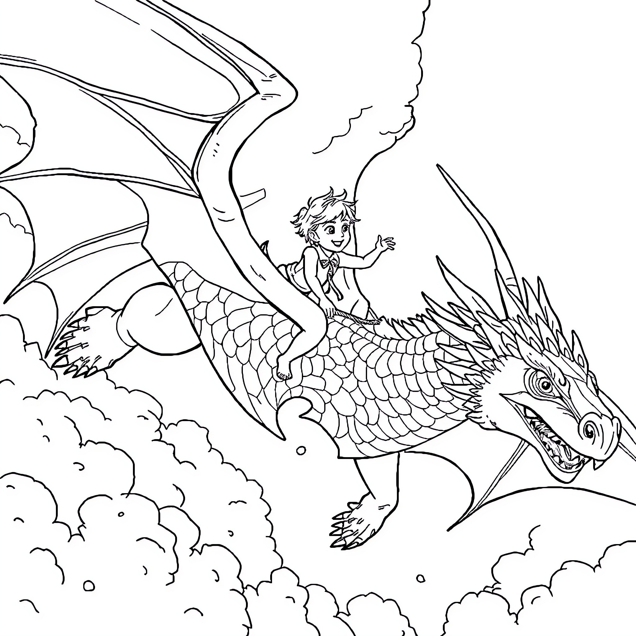 Boy riding on a majestic dragon through the clouds Coloring Page (free black-and-white line drawing printable PDF for all, from beginners to advanced learners, including children, teens, adults, and seniors)