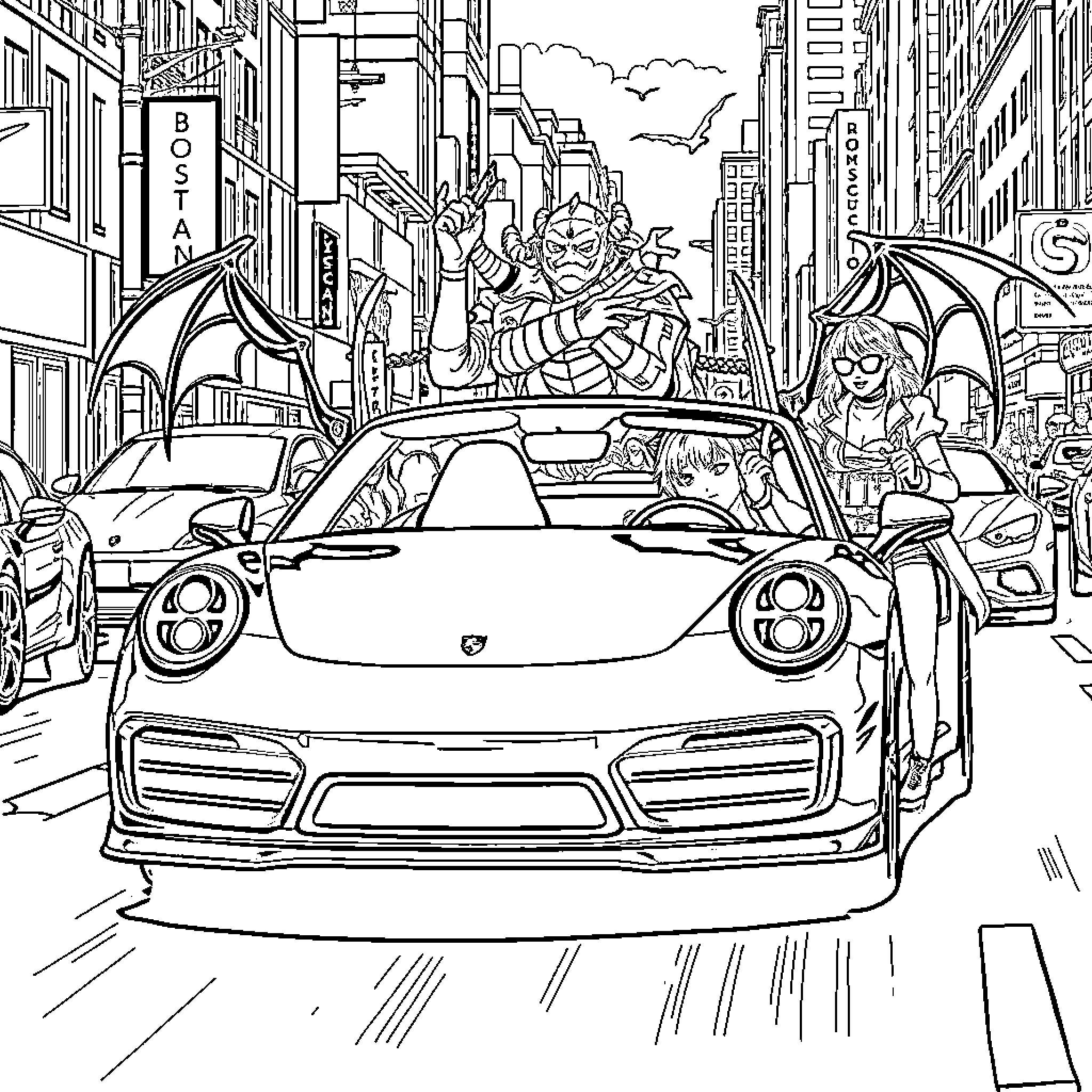 Demon Hunter Battles Monsters in Futuristic City Chaos Coloring Page (free black-and-white line drawing printable PDF for all, from beginners to advanced learners, including children, teens, adults, and seniors)