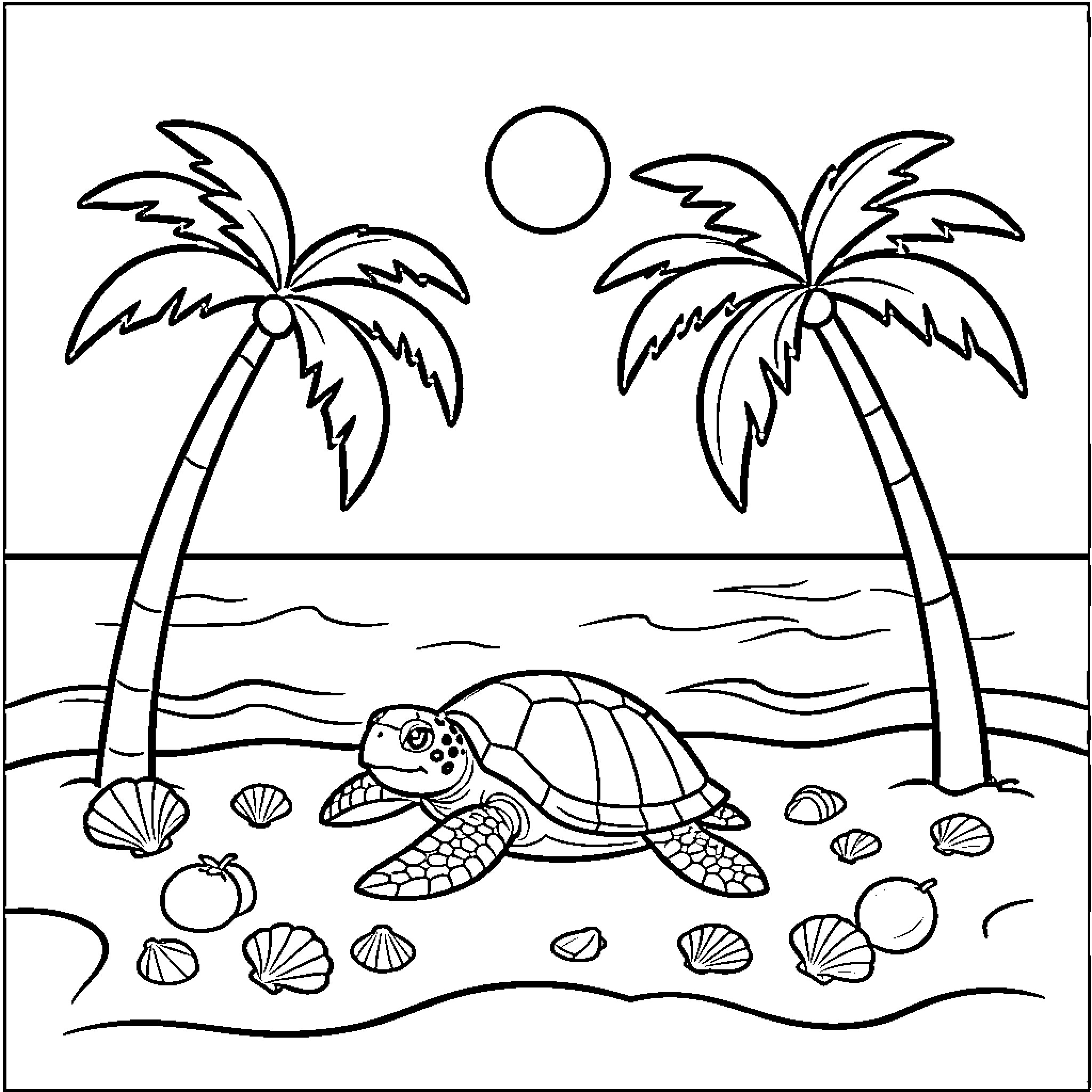 Sea Turtle exploring a tropical beach Coloring Page (free black-and-white line drawing printable PDF for all, from beginners to advanced learners, including children, teens, adults, and seniors)