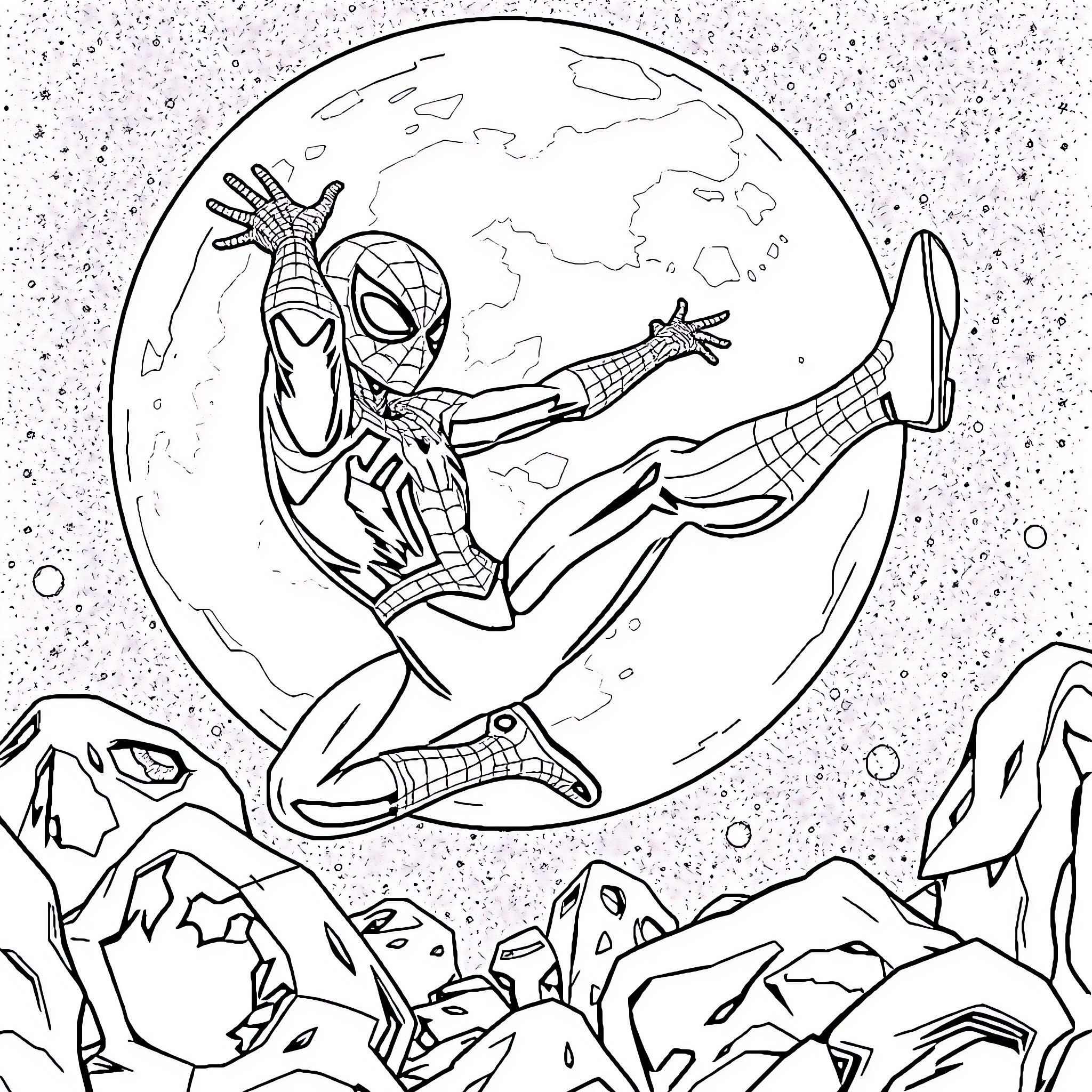 Spiderman swinging through the night sky Coloring Page (free black-and-white line drawing printable PDF for all, from beginners to advanced learners, including children, teens, adults, and seniors)