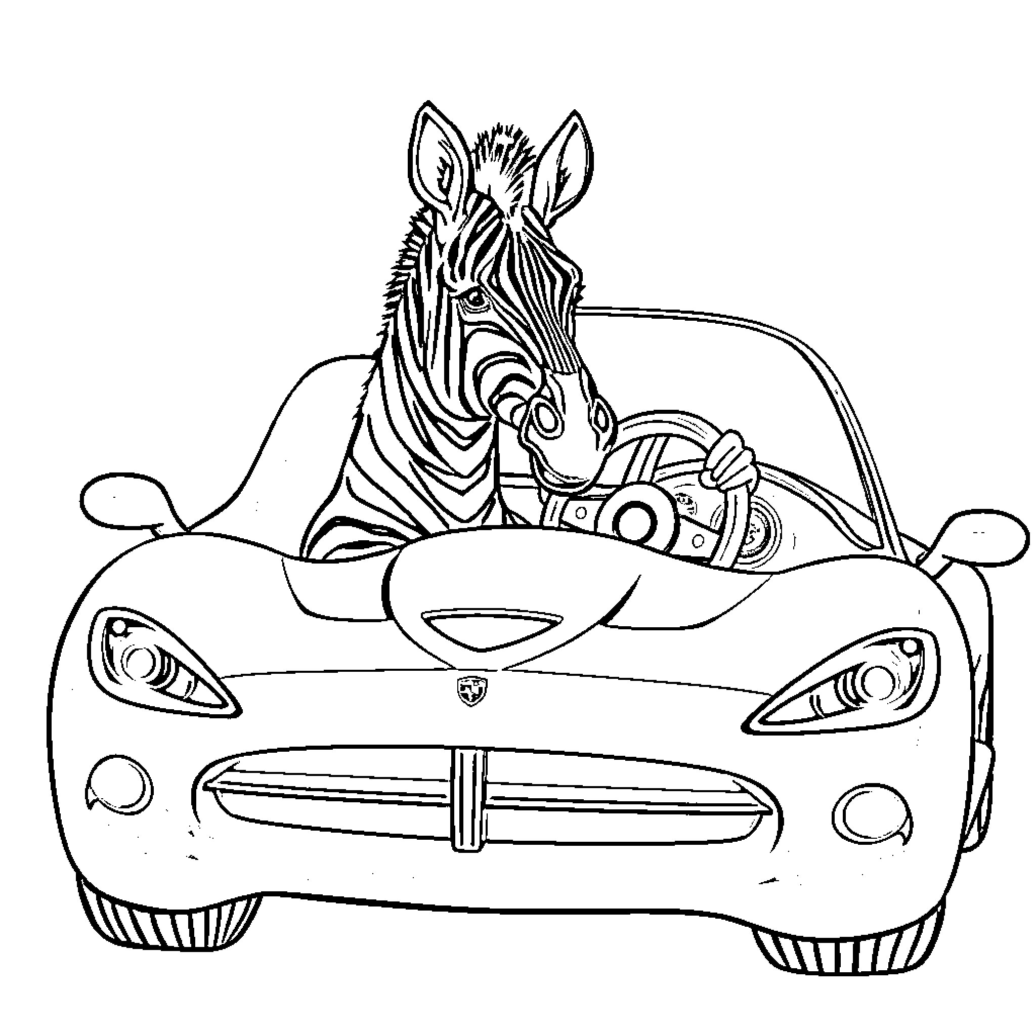 Zebra driving sports car playfully Coloring Page (free black-and-white line drawing printable PDF for all, from beginners to advanced learners, including children, teens, adults, and seniors)