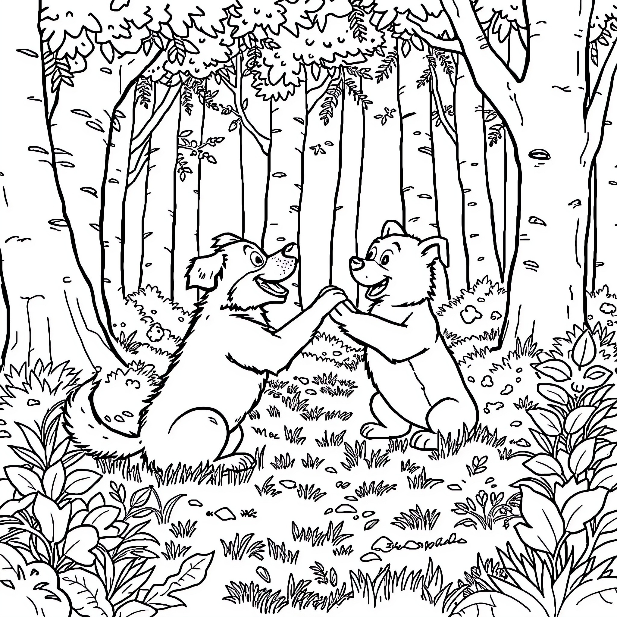 Dogs playing joyfully in the forest Coloring Page (free black-and-white line drawing printable PDF for all, from beginners to advanced learners, including children, teens, adults, and seniors)