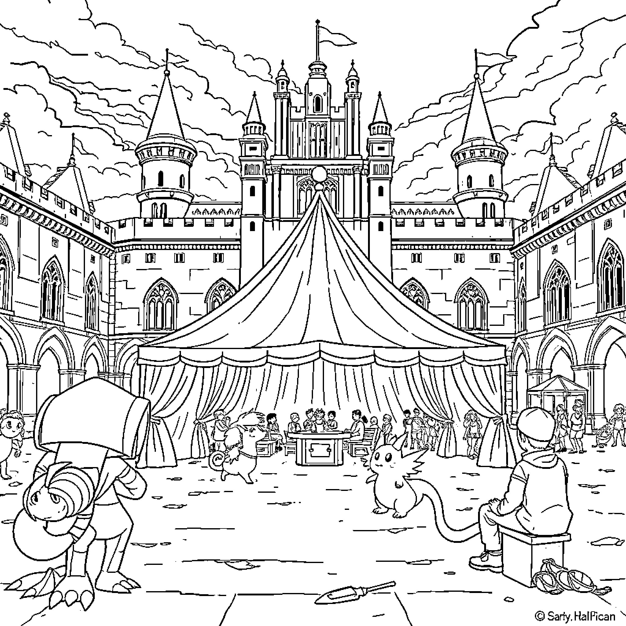 Tent festival in front of a grand castle Coloring Page (free black-and-white line drawing printable PDF for all, from beginners to advanced learners, including children, teens, adults, and seniors)