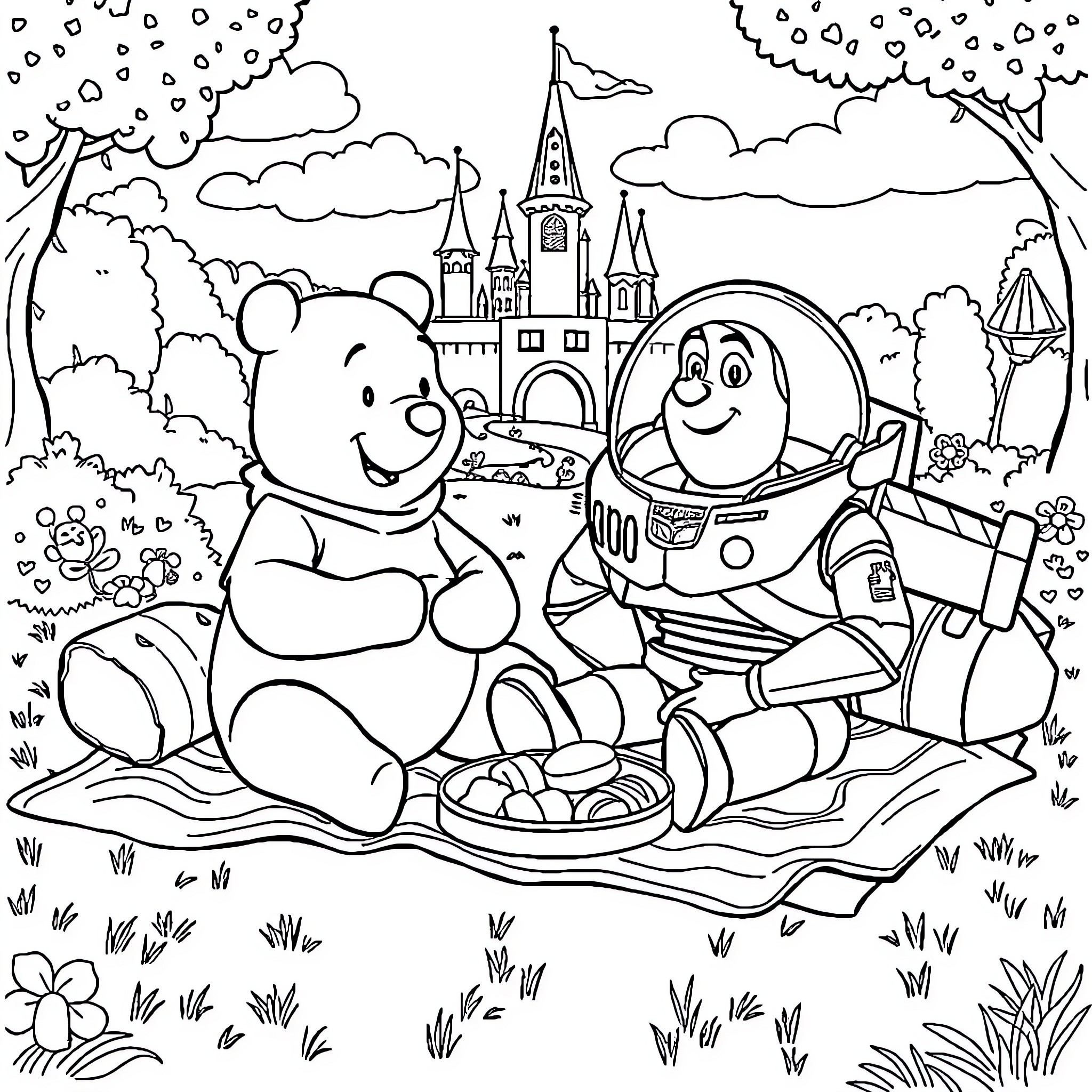 Winnie The Pooh and Buzz Lightyear enjoying a picnic in the park Coloring Page (free black-and-white line drawing printable PDF for all, from beginners to advanced learners, including children, teens, adults, and seniors)