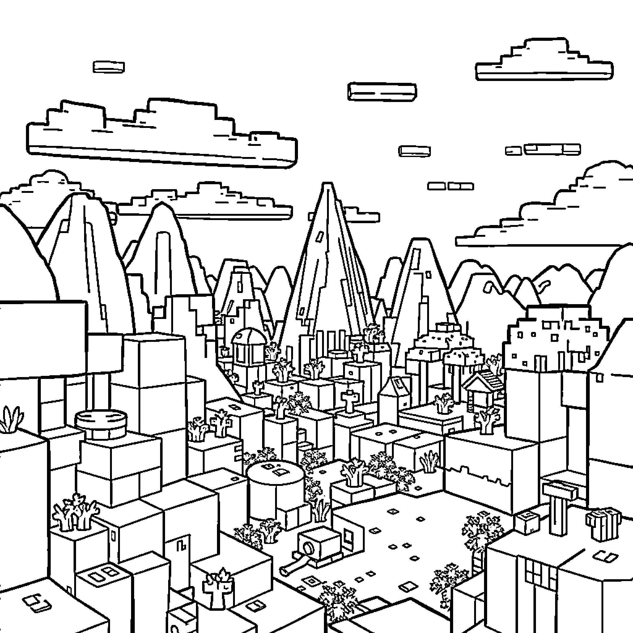 Minecraft Cityscape with Diverse Structures and Landscapes Coloring Page (free black-and-white line drawing printable PDF for all, from beginners to advanced learners, including children, teens, adults, and seniors)