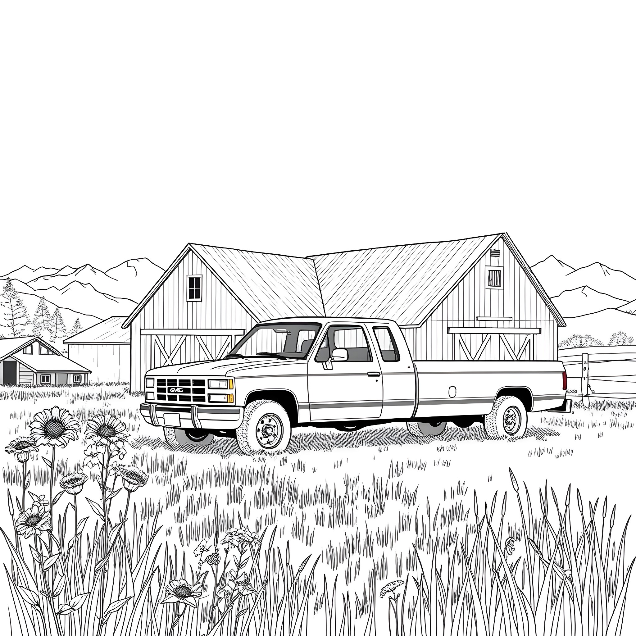 Stepside truck in a rural farm setting Coloring Page (free black-and-white line drawing printable PDF for all, from beginners to advanced learners, including children, teens, adults, and seniors)