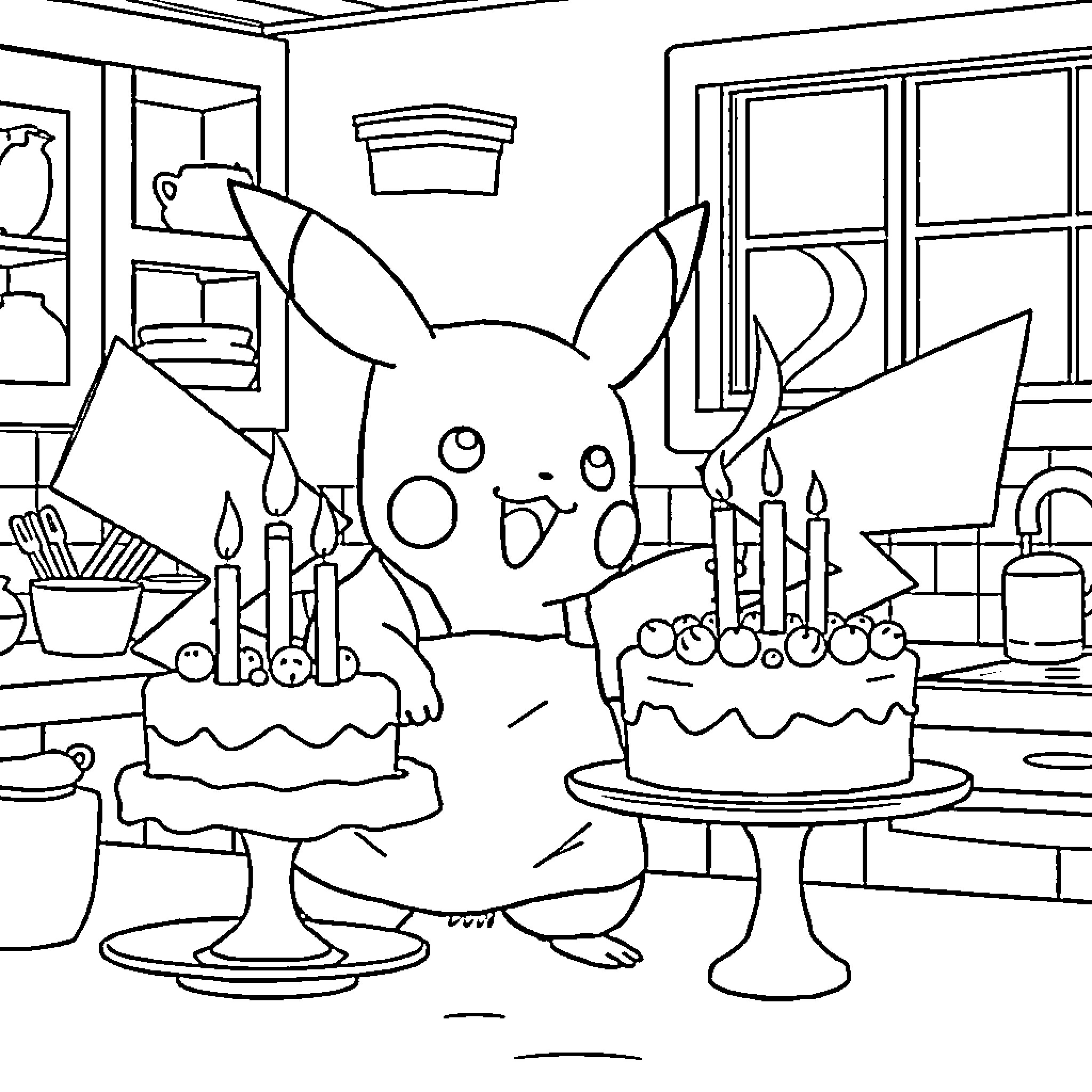 Pikachu celebrating a birthday with cake and candles Coloring Page (free black-and-white line drawing printable PDF for all, from beginners to advanced learners, including children, teens, adults, and seniors)