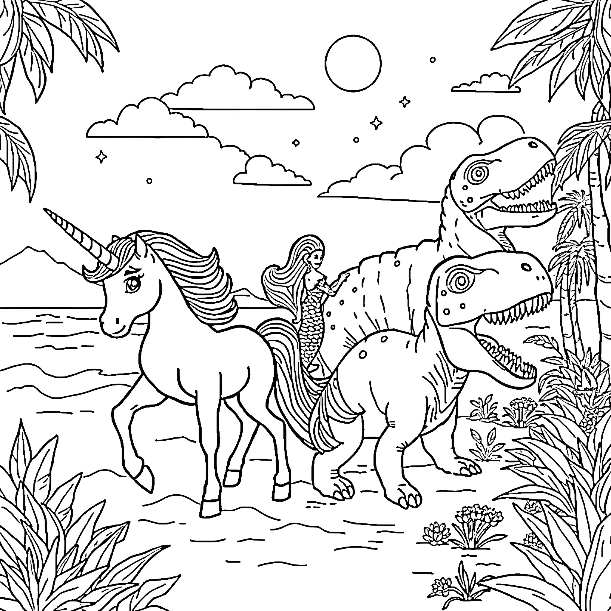 Unicorn and dinosaurs in a fantasy tropical landscape Coloring Page (free black-and-white line drawing printable PDF for all, from beginners to advanced learners, including children, teens, adults, and seniors)