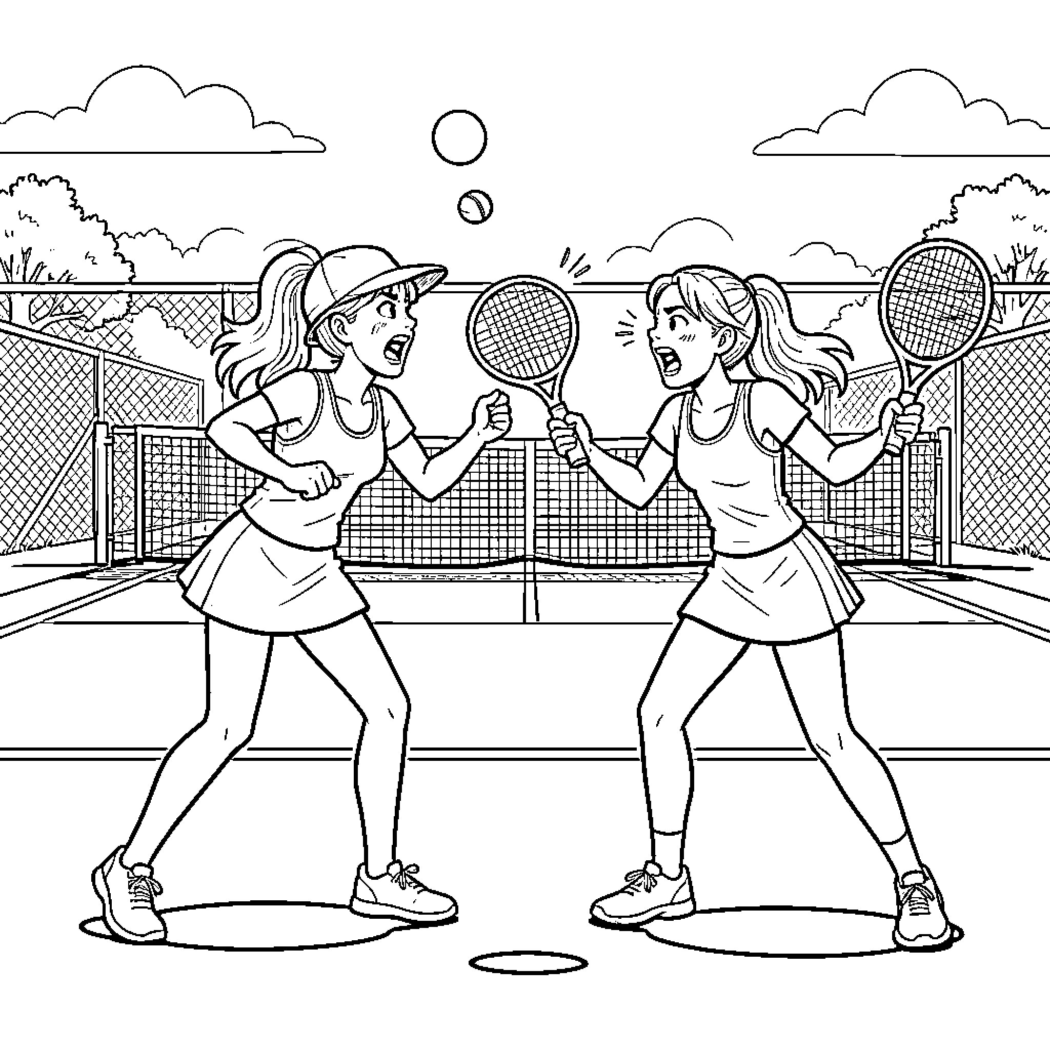Girls Playing Tennis on Court Coloring Page (free black-and-white line drawing printable PDF for all, from beginners to advanced learners, including children, teens, adults, and seniors)