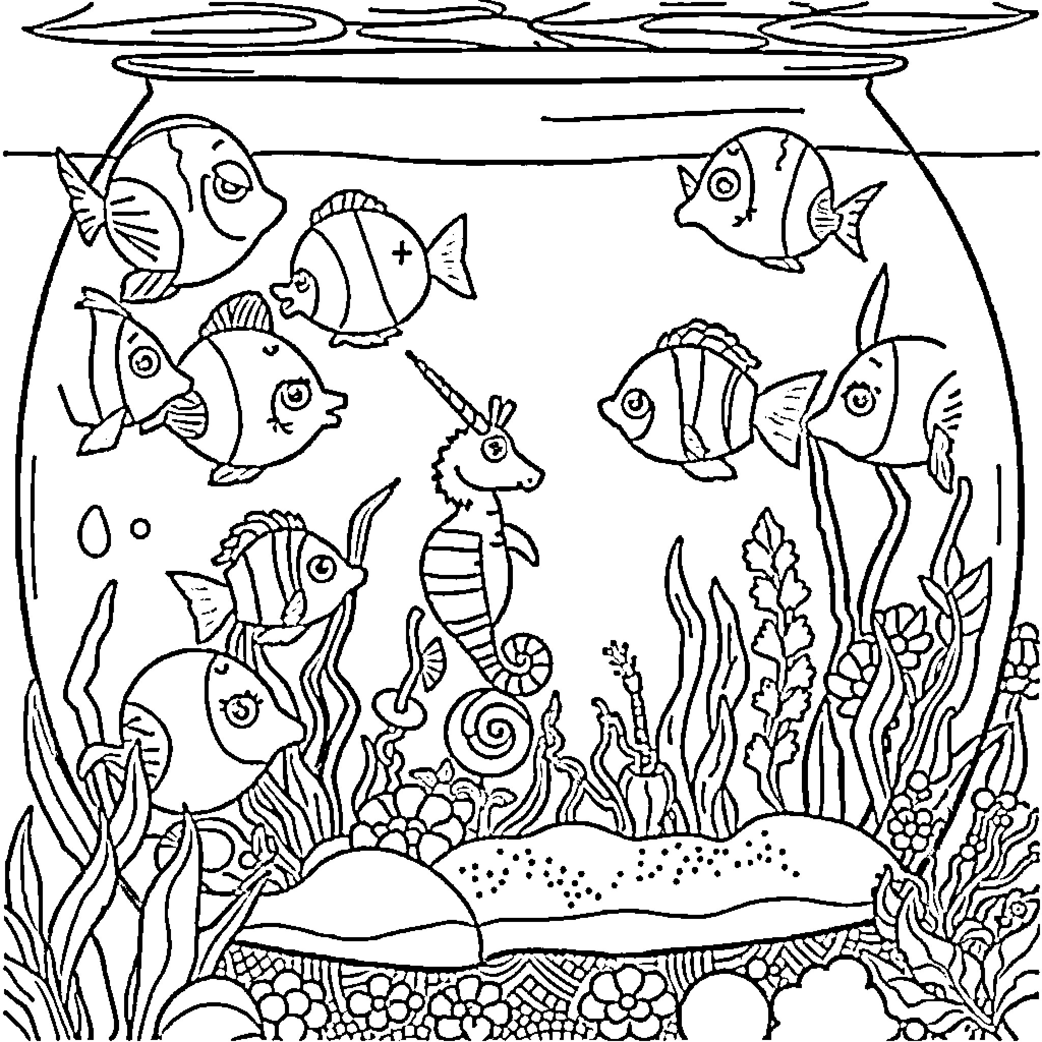 Fish swimming joyfully in an underwater scene Coloring Page (free black-and-white line drawing printable PDF for all, from beginners to advanced learners, including children, teens, adults, and seniors)