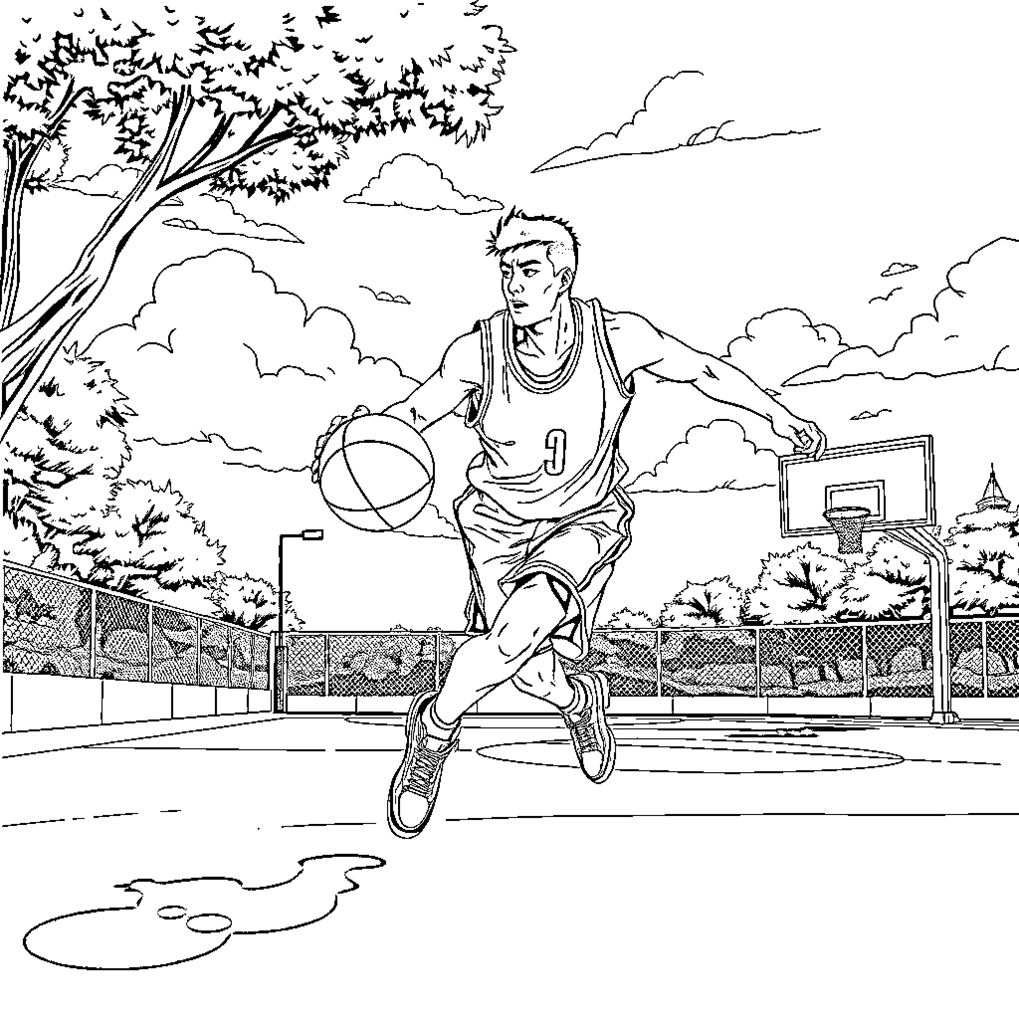 Kazuya Mishima playing basketball on the court Coloring Page (free black-and-white line drawing printable PDF for all, from beginners to advanced learners, including children, teens, adults, and seniors)