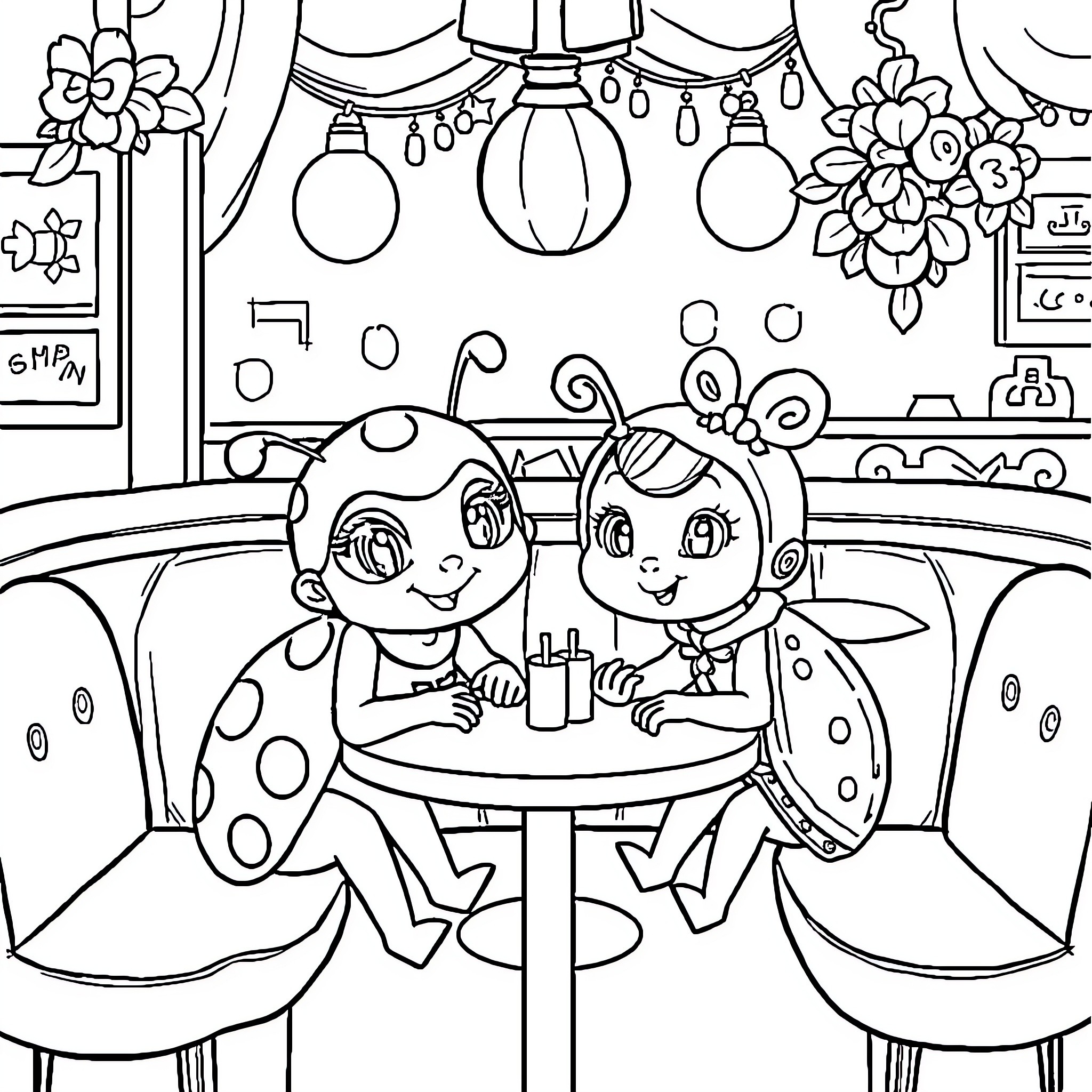 Ladybug friends enjoying a cozy cafe Coloring Page (free black-and-white line drawing printable PDF for all, from beginners to advanced learners, including children, teens, adults, and seniors)