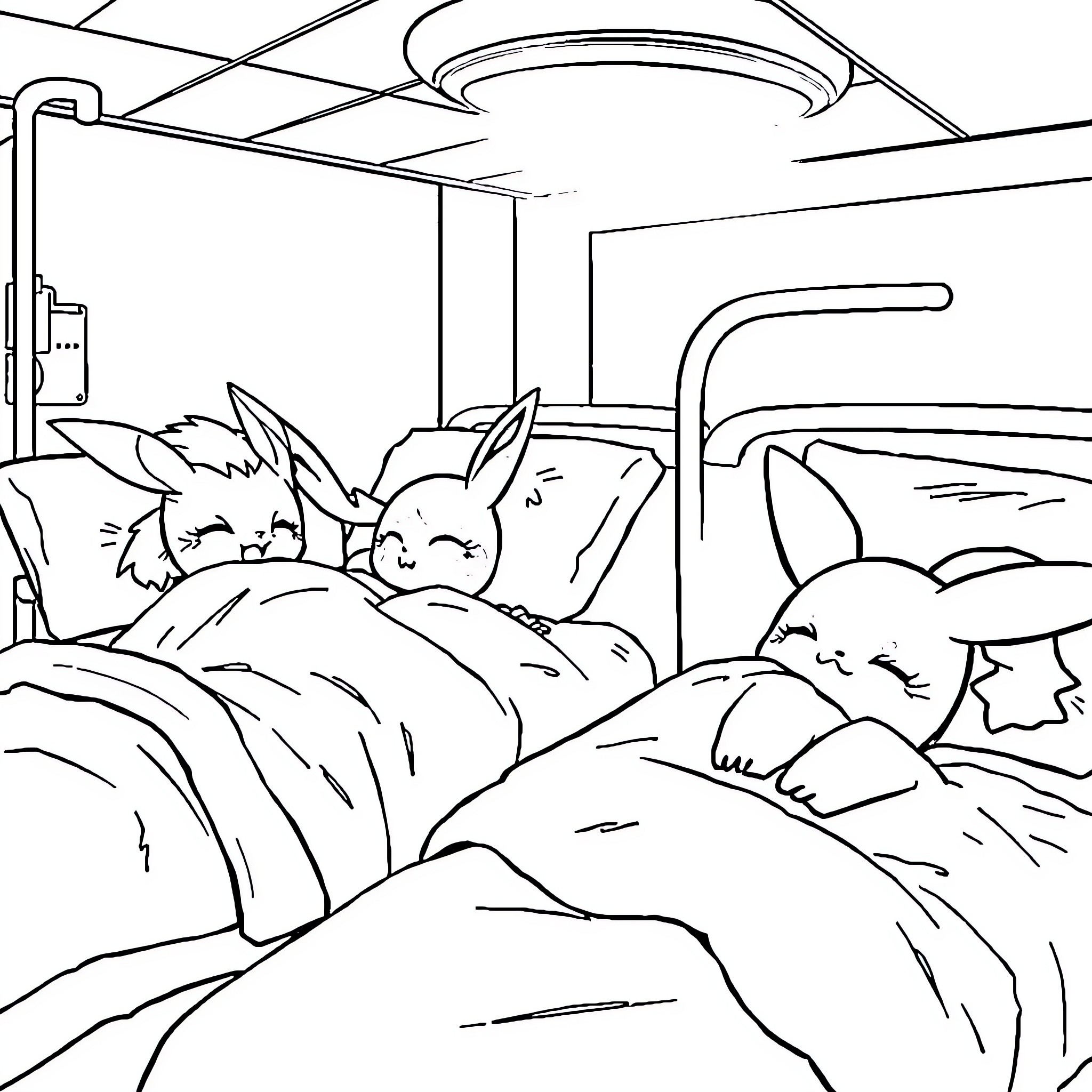 Pokémon characters sleeping peacefully in bed Coloring Page (free black-and-white line drawing printable PDF for all, from beginners to advanced learners, including children, teens, adults, and seniors)