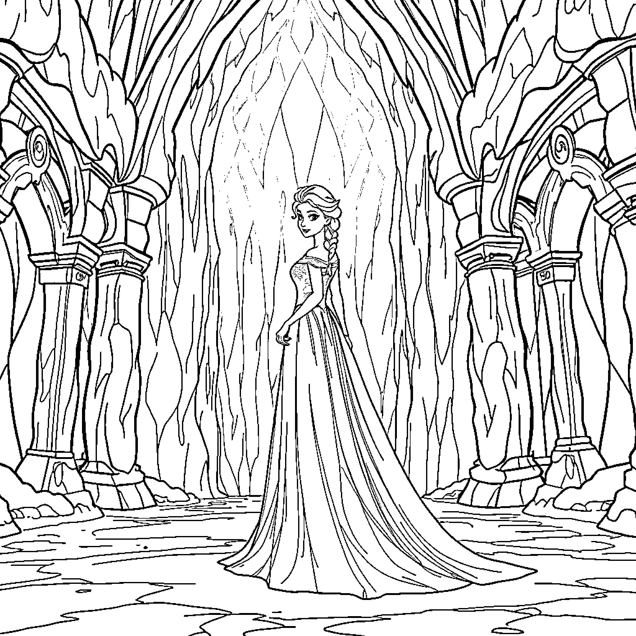 Elsa's Enchanting Frozen Palace Coloring Page (free black-and-white line drawing printable PDF for all, from beginners to advanced learners, including children, teens, adults, and seniors)