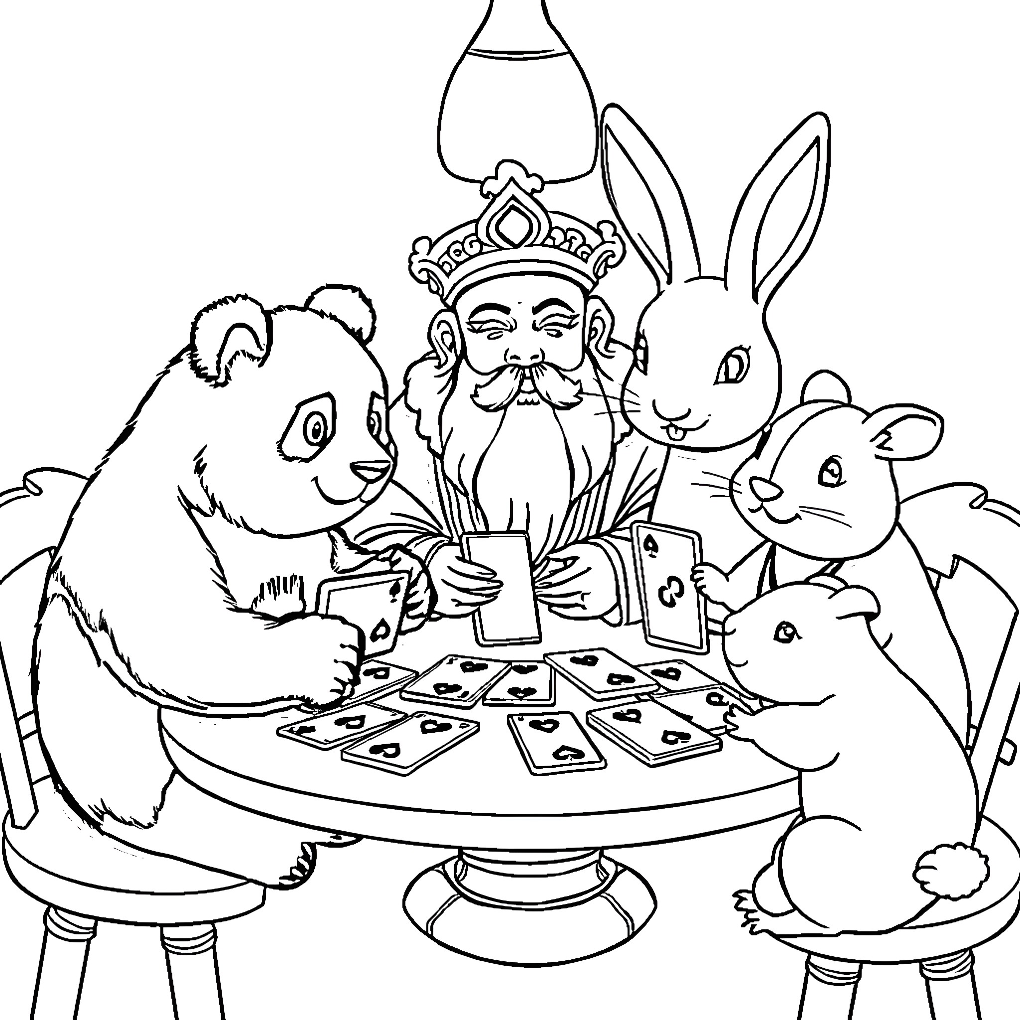 Panda, rabbits, and wise man playing cards Coloring Page (free black-and-white line drawing printable PDF for all, from beginners to advanced learners, including children, teens, adults, and seniors)