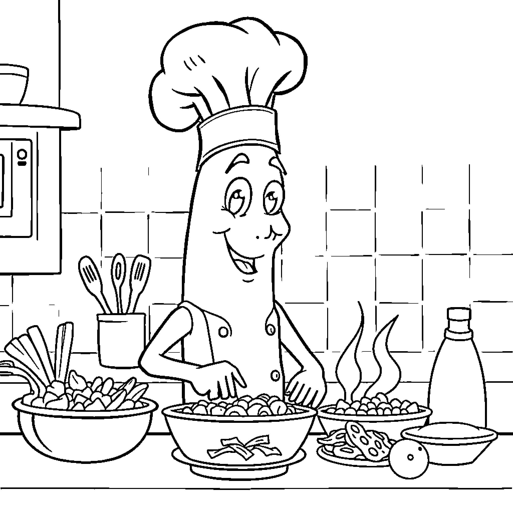 Banana Chef Cooking in the Kitchen Coloring Page (free black-and-white line drawing printable PDF for all, from beginners to advanced learners, including children, teens, adults, and seniors)