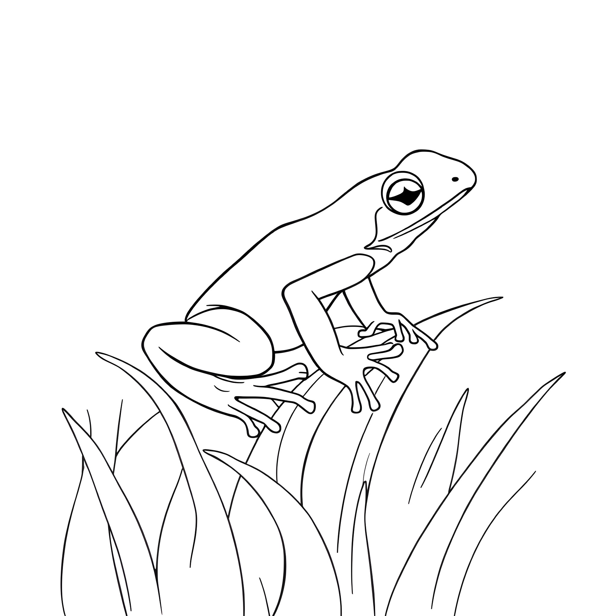 Frog resting on leaf in nature Coloring Page (free black-and-white line drawing printable PDF for all, from beginners to advanced learners, including children, teens, adults, and seniors)