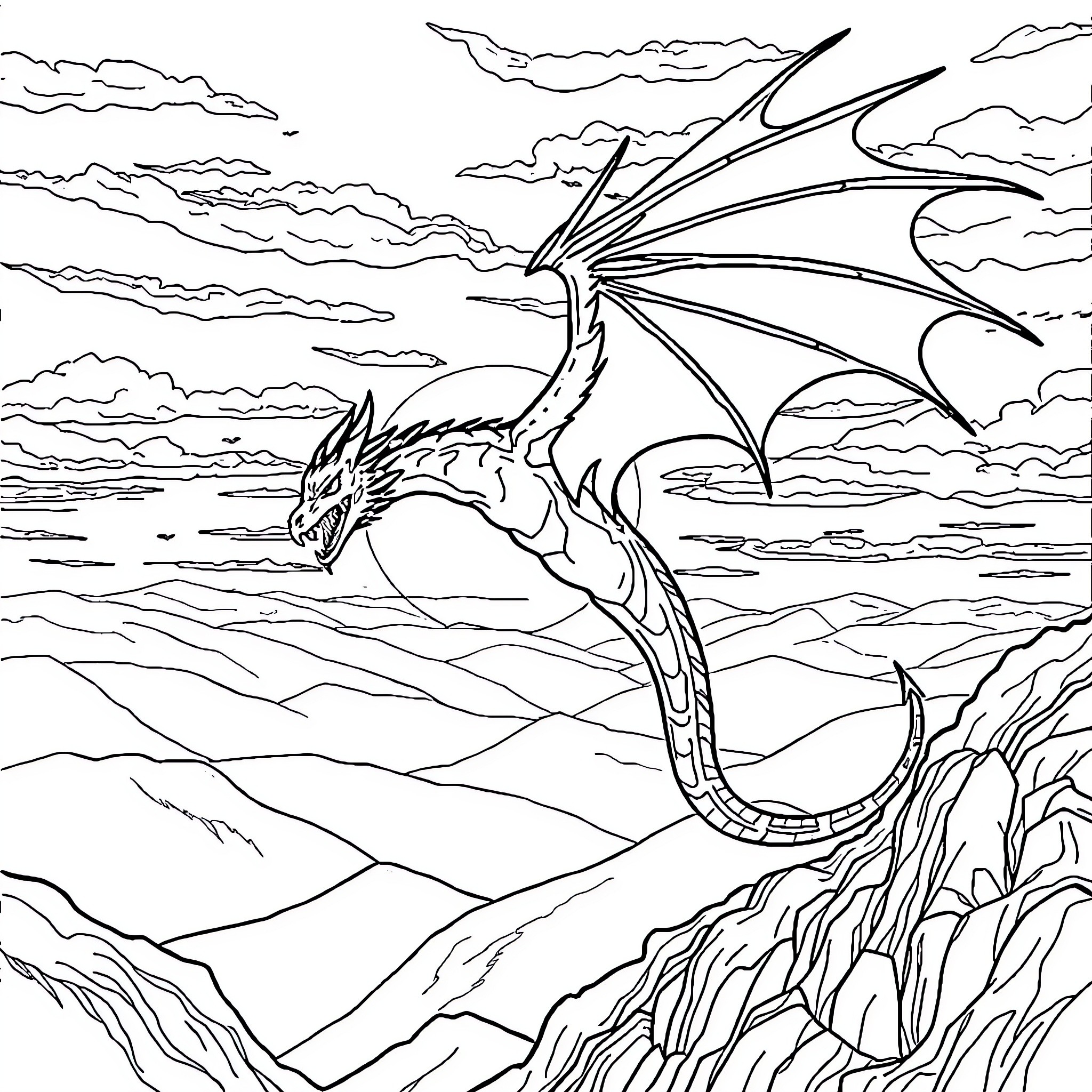 Wyvern soaring over a rugged landscape Coloring Page (free black-and-white line drawing printable PDF for all, from beginners to advanced learners, including children, teens, adults, and seniors)