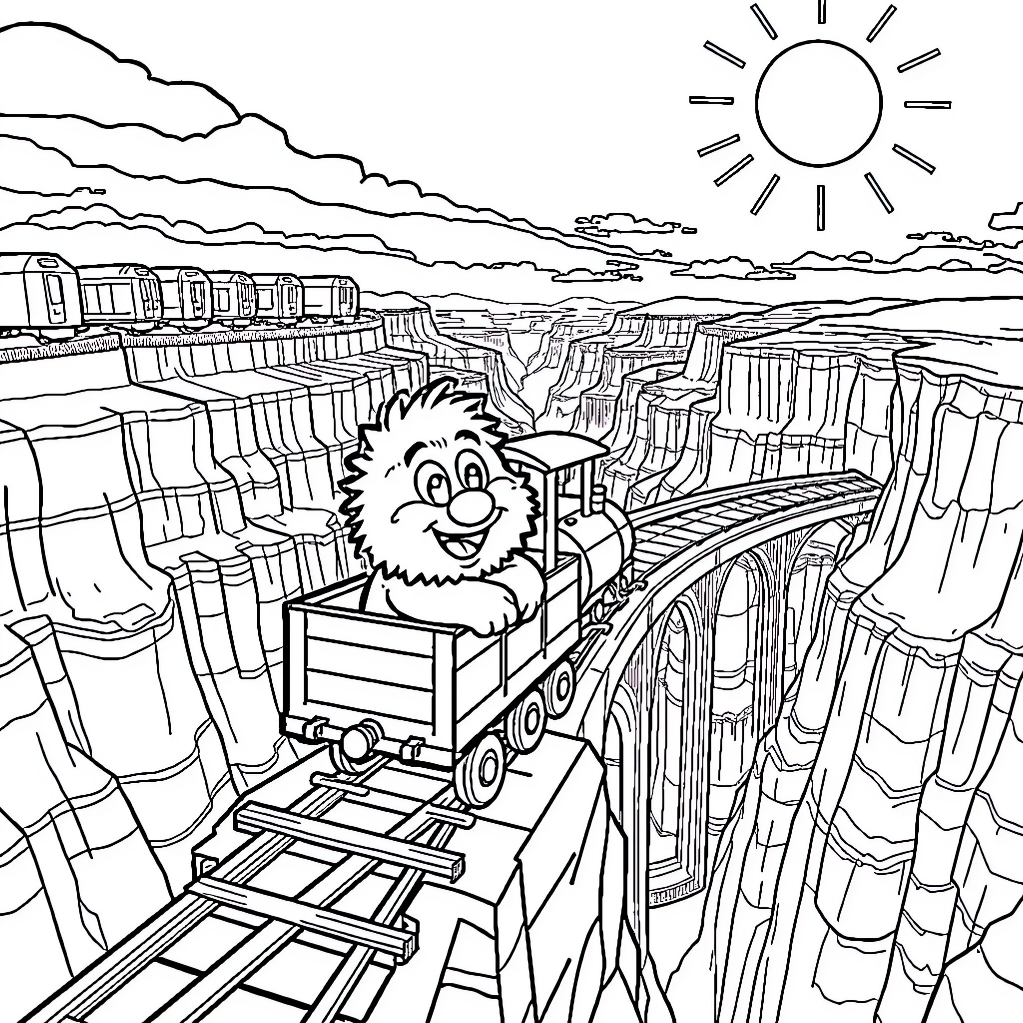 Fuzzy Lumpkins riding train over canyon Coloring Page (free black-and-white line drawing printable PDF for all, from beginners to advanced learners, including children, teens, adults, and seniors)