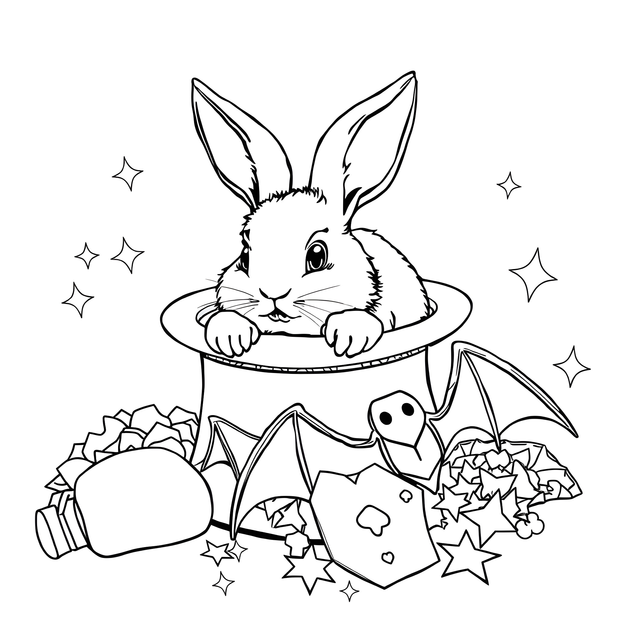 Rabbit peeking out from magical hat with stars Coloring Page (free black-and-white line drawing printable PDF for all, from beginners to advanced learners, including children, teens, adults, and seniors)