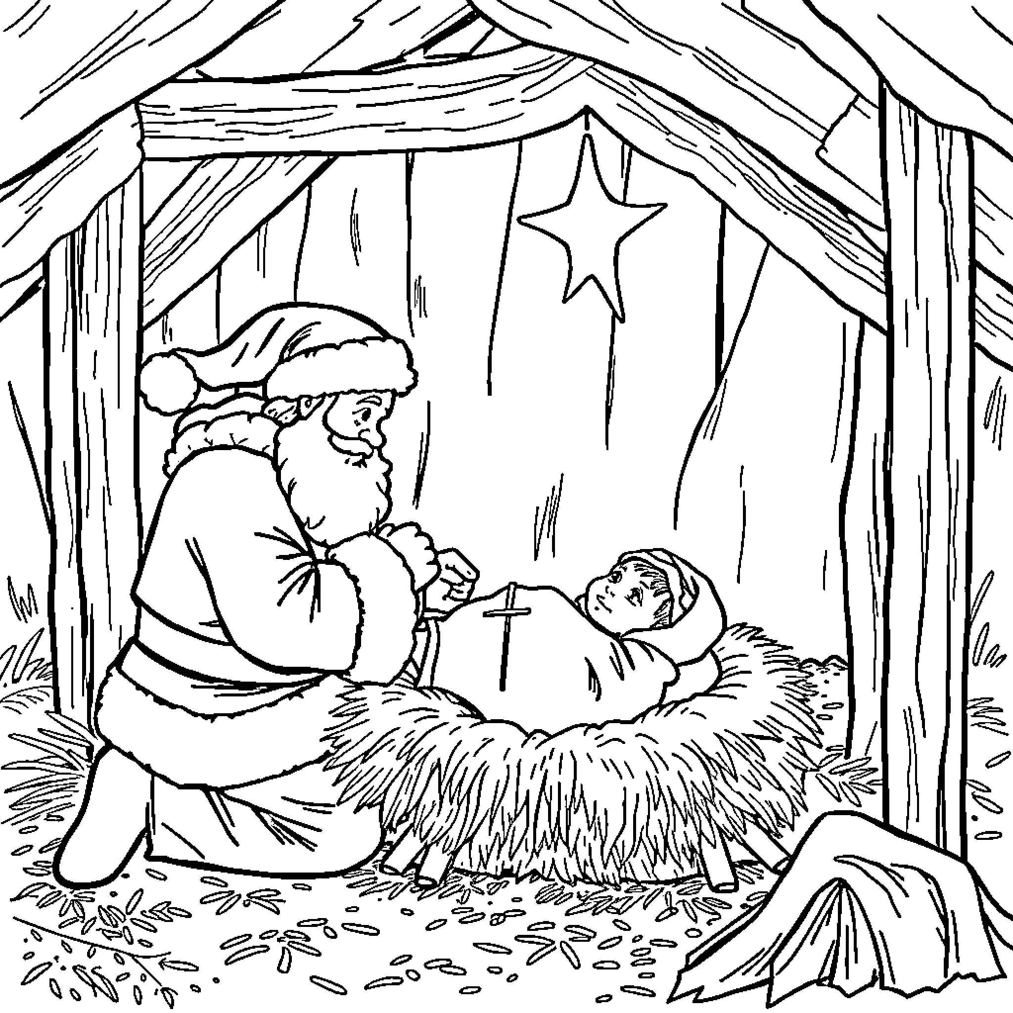 Santa visiting Baby Jesus in the manger Coloring Page (free black-and-white line drawing printable PDF for all, from beginners to advanced learners, including children, teens, adults, and seniors)