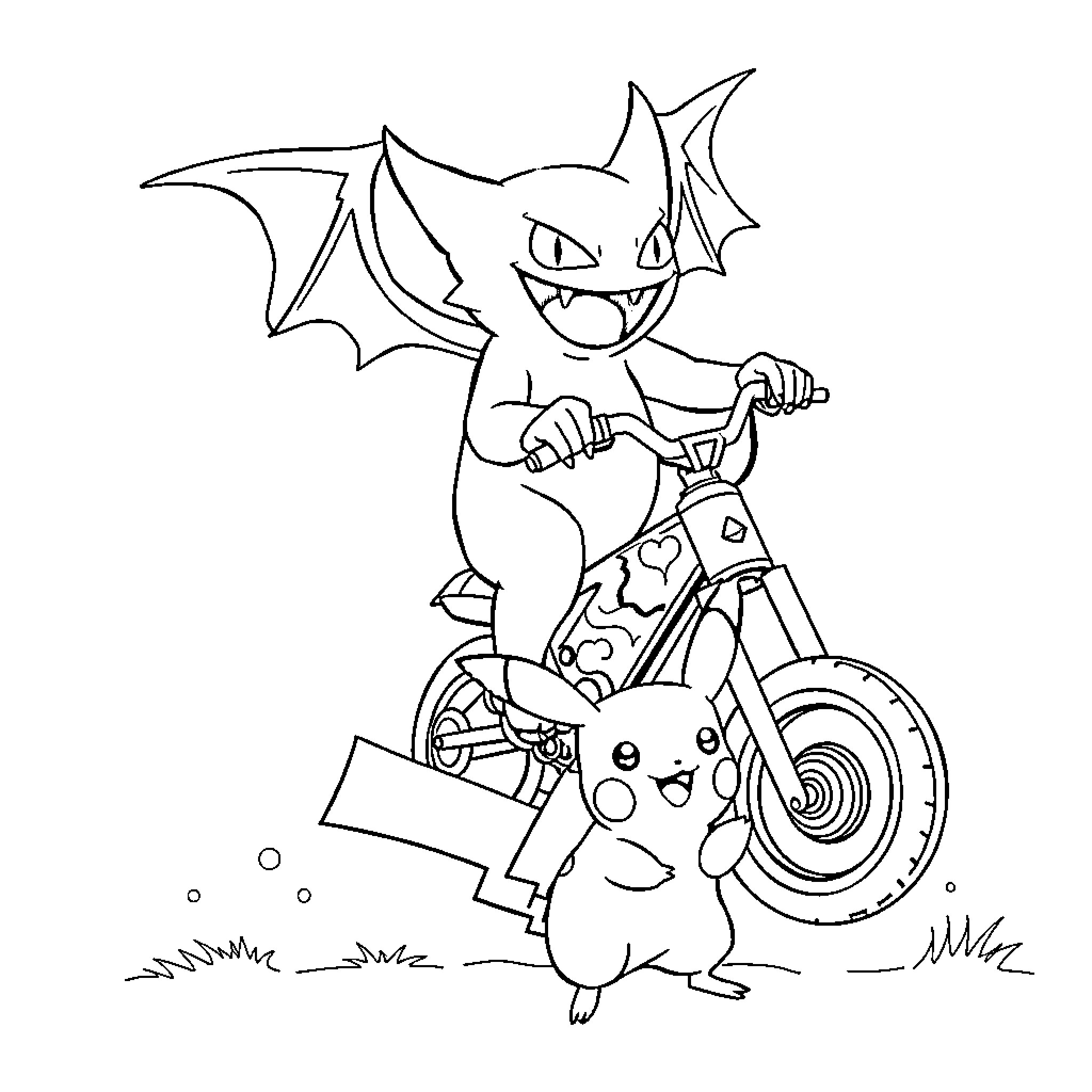 Gengar riding a motorcycle with Pikachu Coloring Page (free black-and-white line drawing printable PDF for all, from beginners to advanced learners, including children, teens, adults, and seniors)