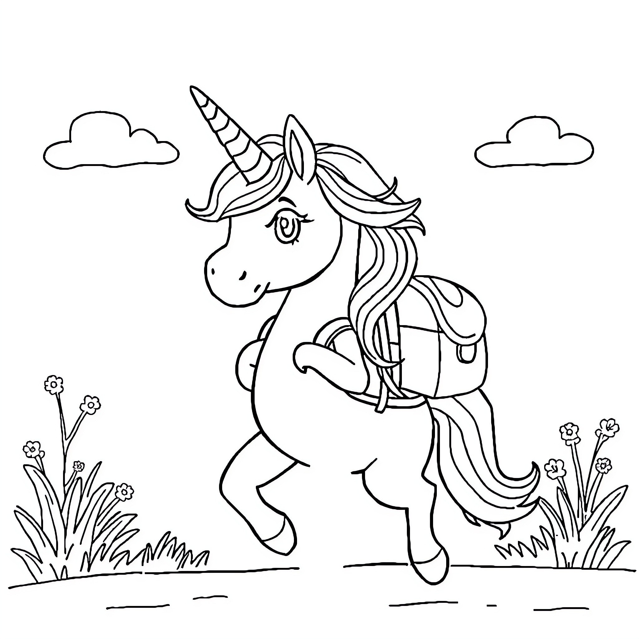 Unicorn frolicking in whimsical meadow Coloring Page (free black-and-white line drawing printable PDF for all, from beginners to advanced learners, including children, teens, adults, and seniors)