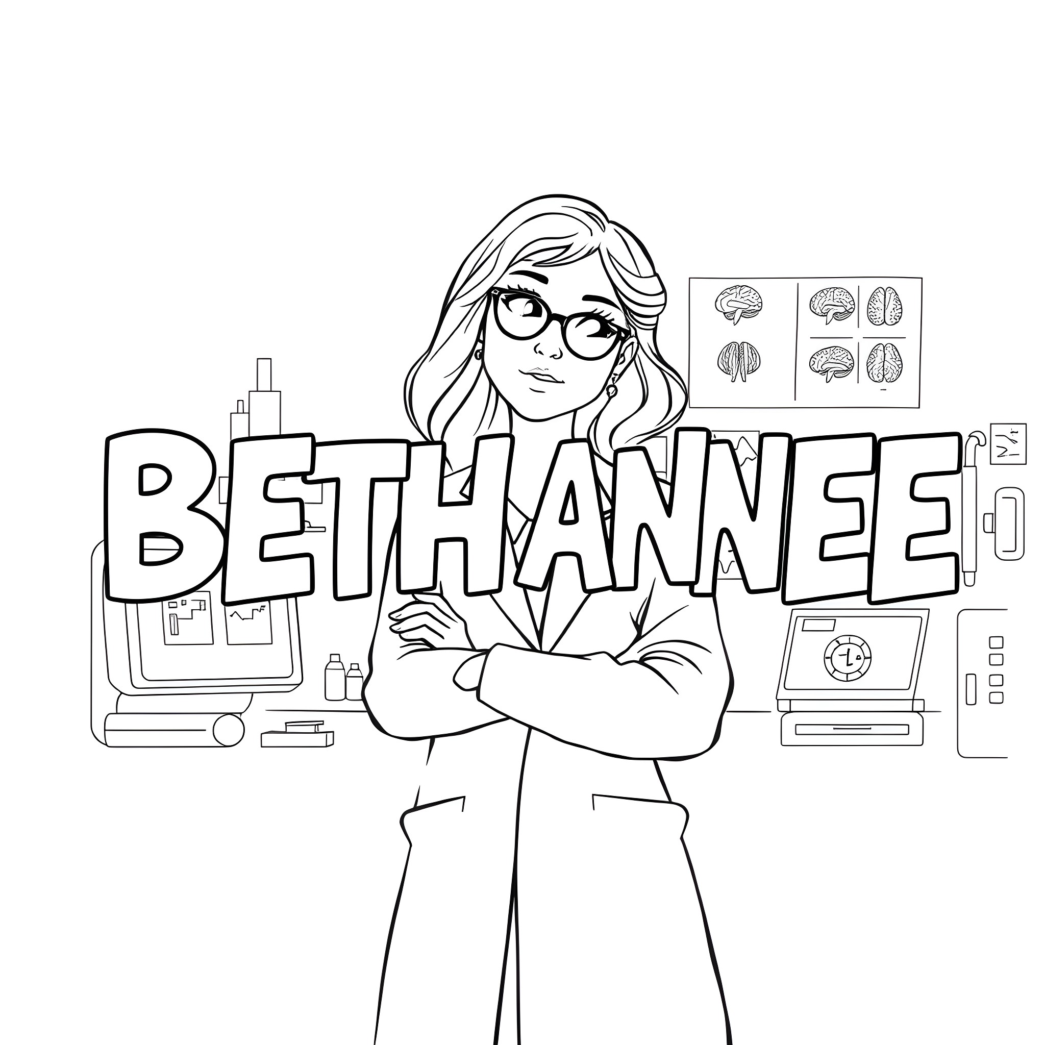 Woman stands confidently in front of scientific equipment Coloring Page (free black-and-white line drawing printable PDF for all, from beginners to advanced learners, including children, teens, adults, and seniors)