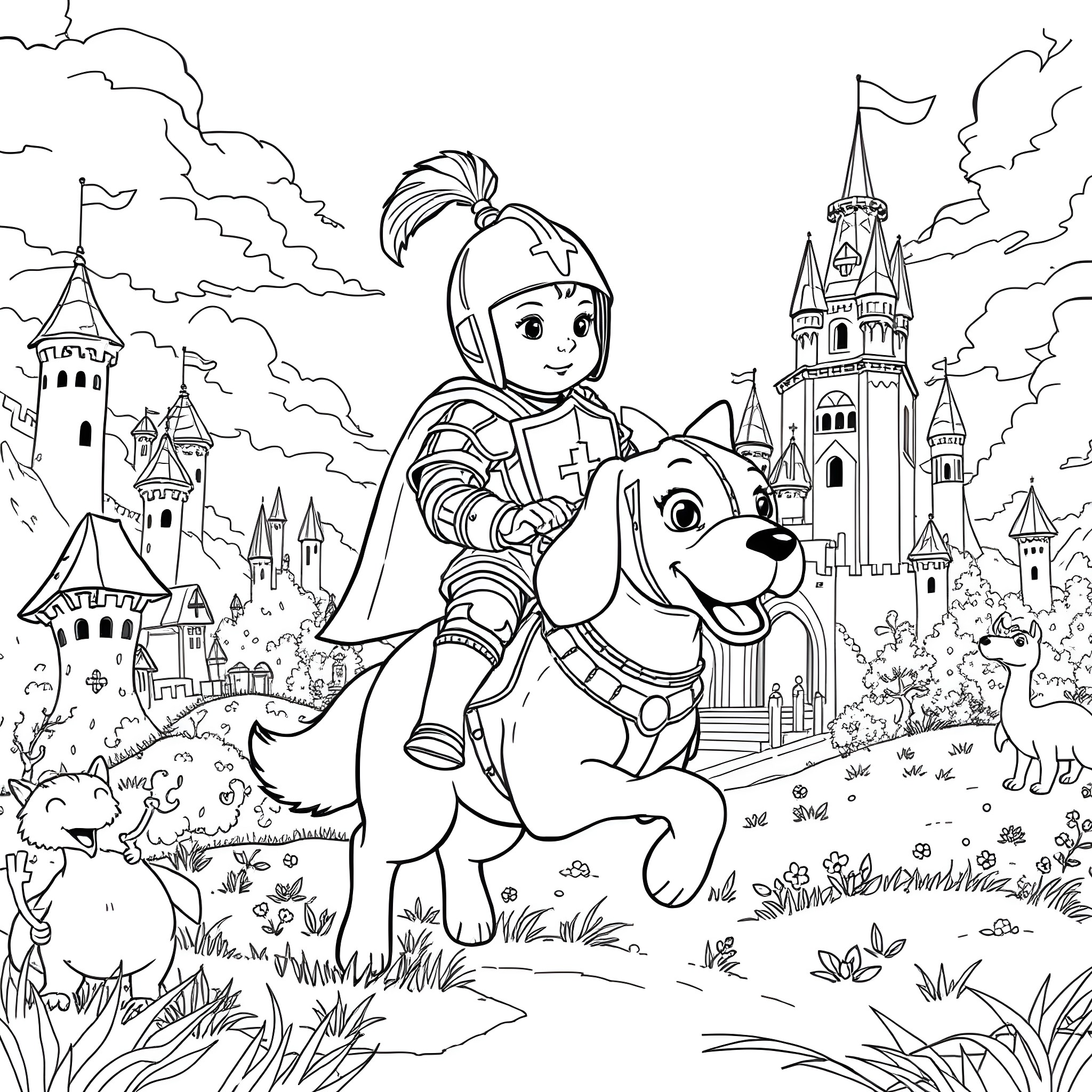 Dog and knight exploring magical castle kingdom Coloring Page (free black-and-white line drawing printable PDF for all, from beginners to advanced learners, including children, teens, adults, and seniors)