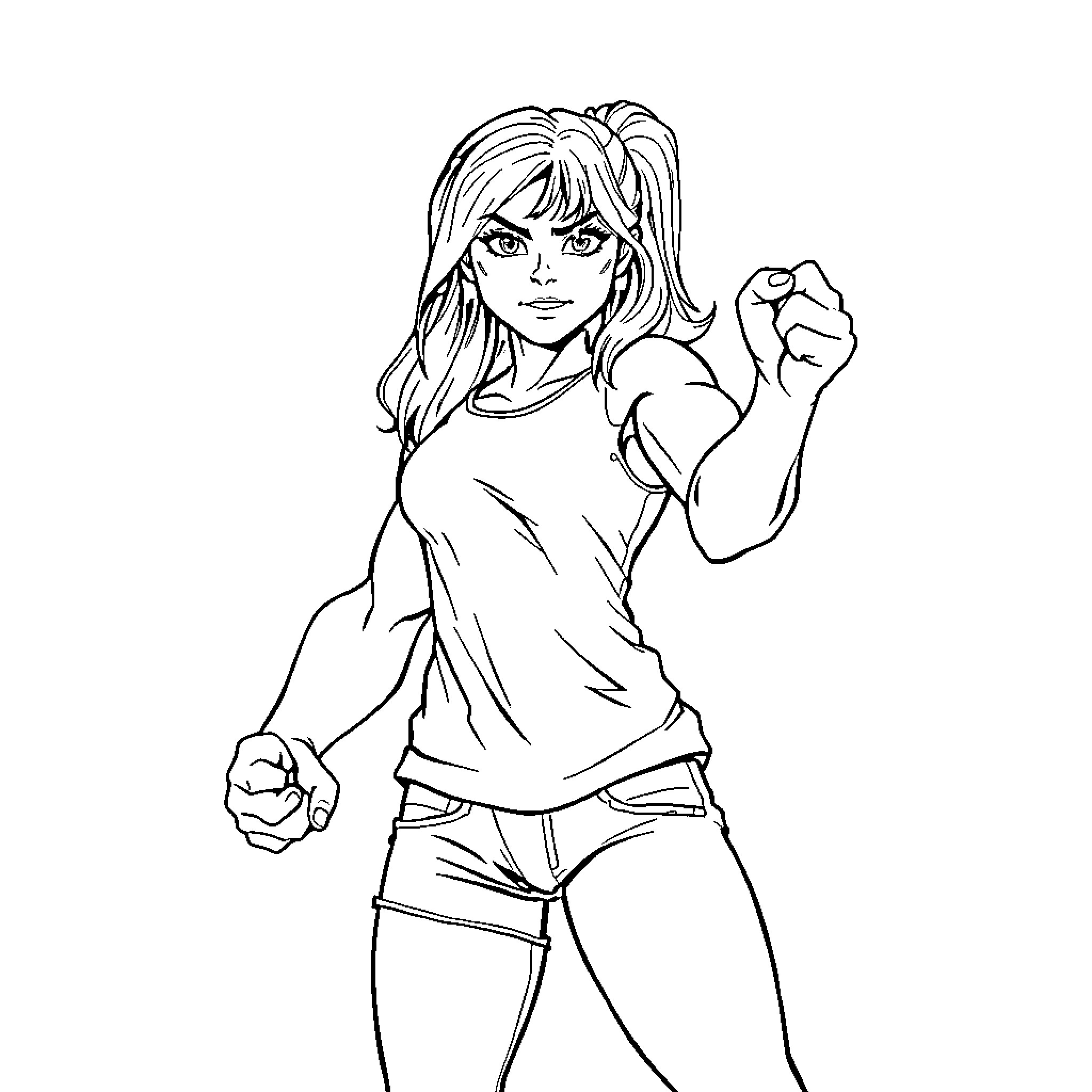 Hulk superhero girl in fighting stance Coloring Page (free black-and-white line drawing printable PDF for all, from beginners to advanced learners, including children, teens, adults, and seniors)