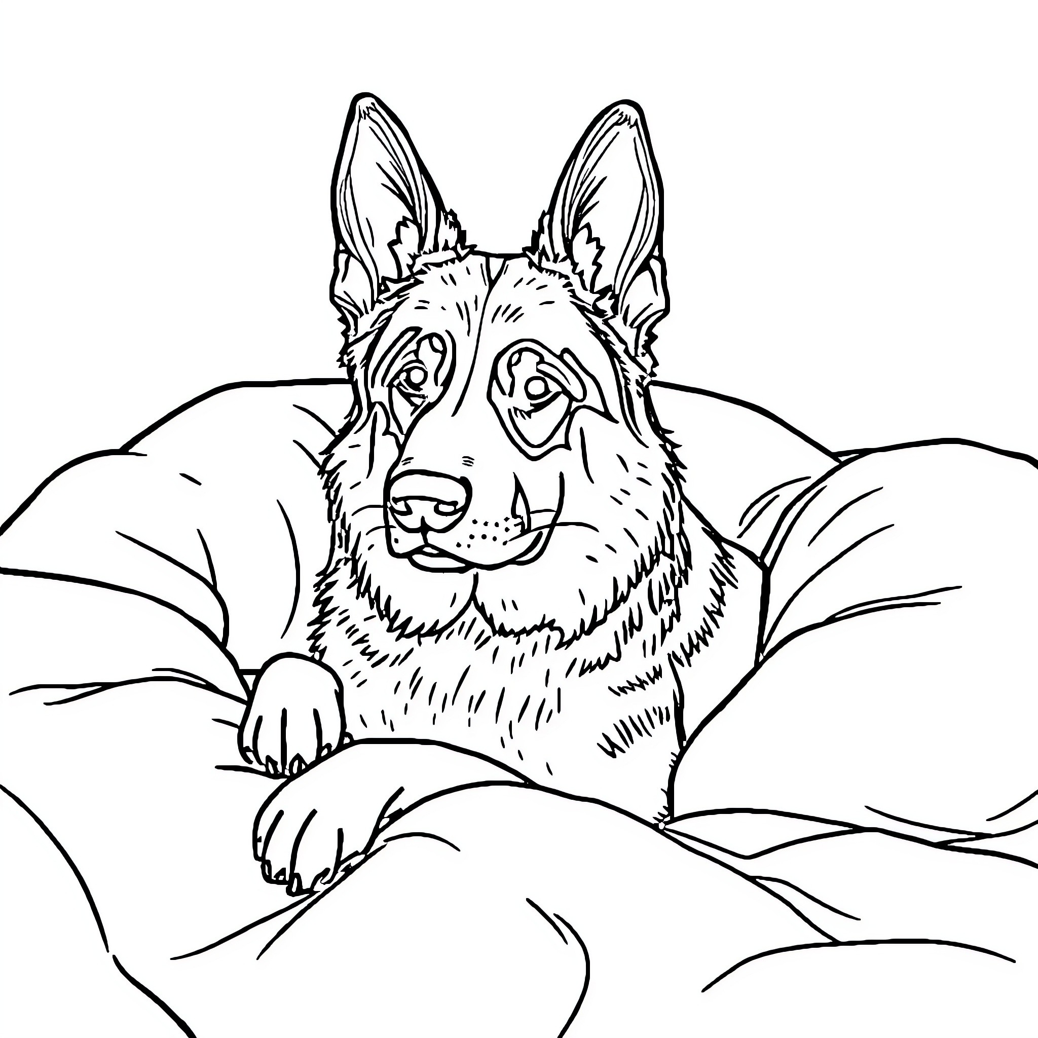 German Shepherd resting contentedly on cozy bedding Coloring Page (free black-and-white line drawing printable PDF for all, from beginners to advanced learners, including children, teens, adults, and seniors)