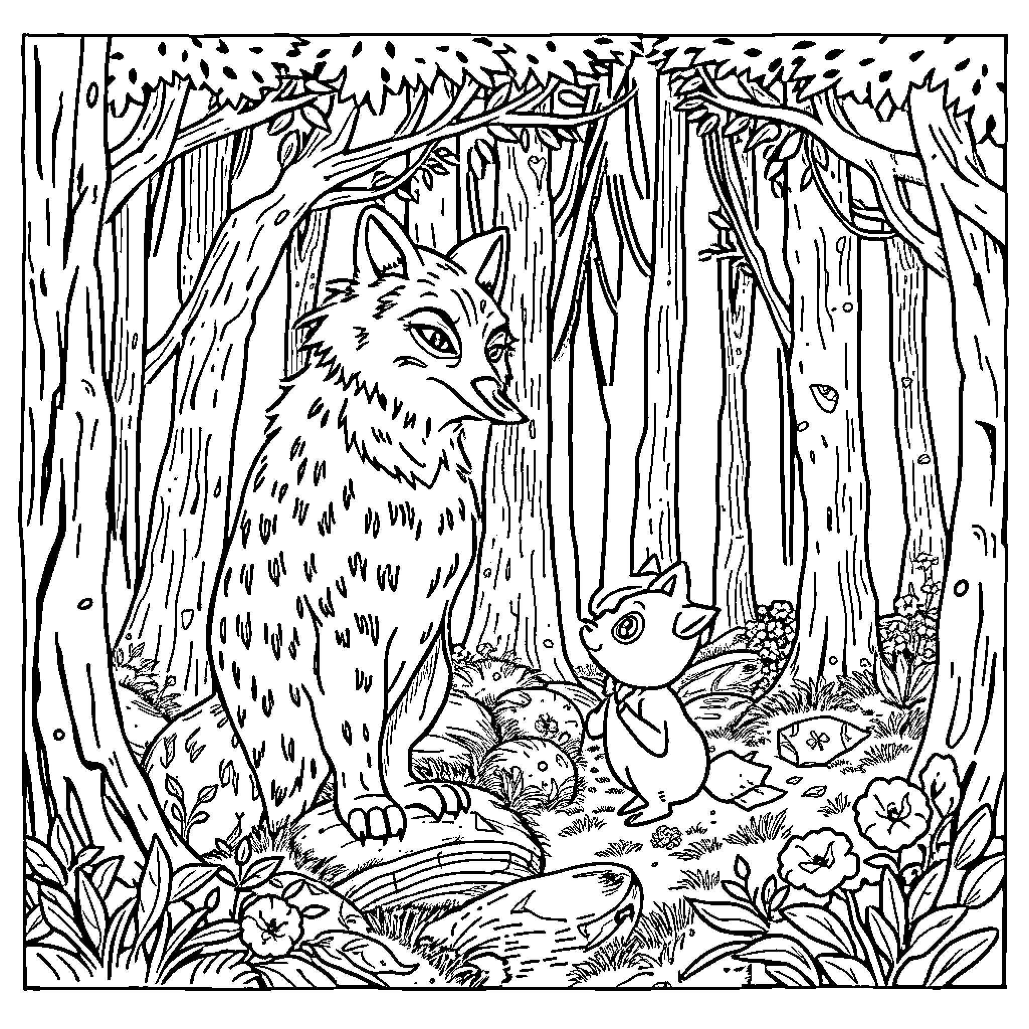 Little Red Riding Hood and the Woodland Creatures Coloring Page (free black-and-white line drawing printable PDF for all, from beginners to advanced learners, including children, teens, adults, and seniors)