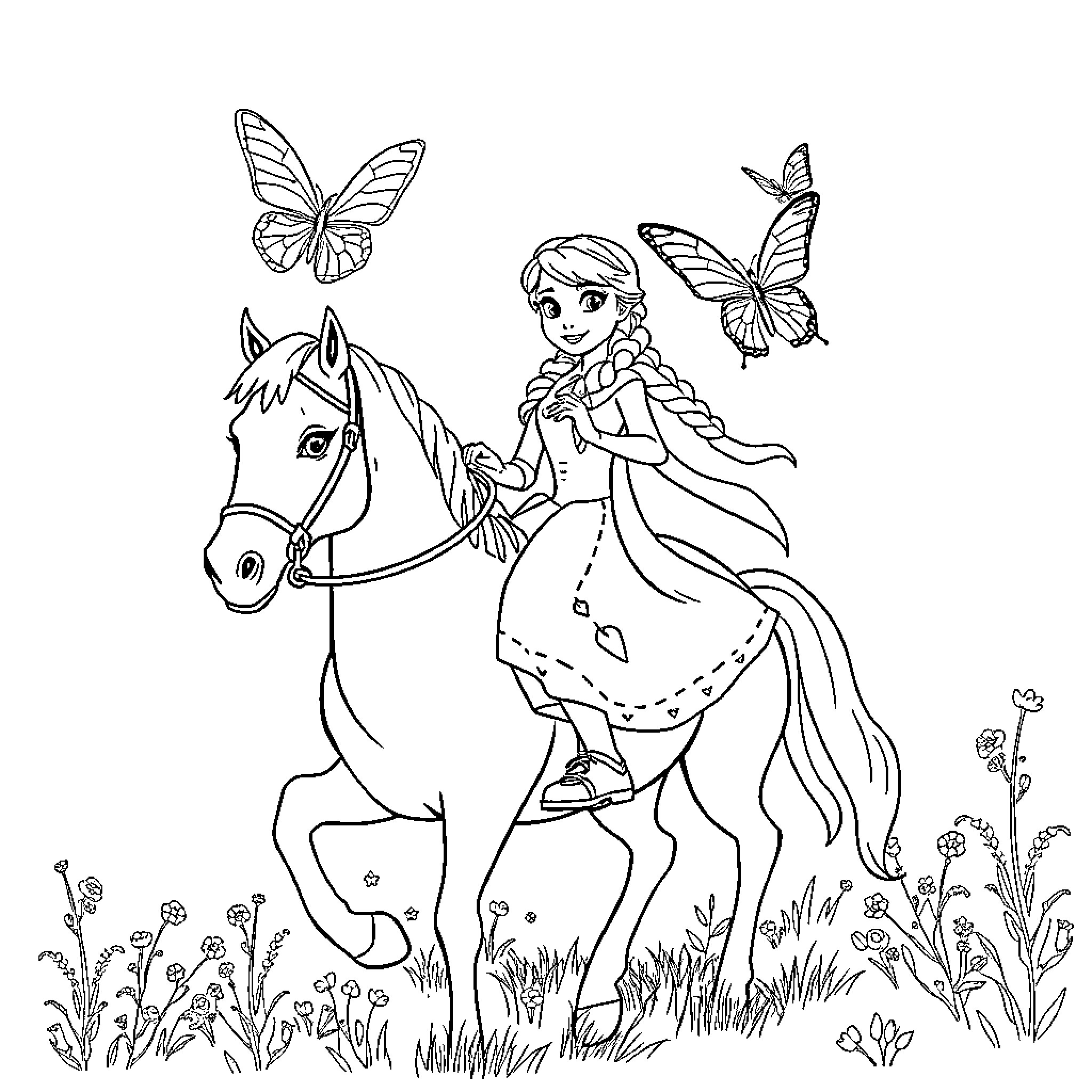 Anna riding a horse with butterflies in a meadow Coloring Page (free black-and-white line drawing printable PDF for all, from beginners to advanced learners, including children, teens, adults, and seniors)