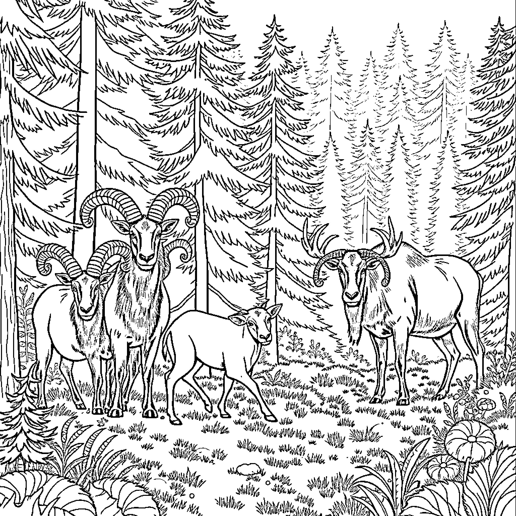 Mouflon herd exploring the forest landscape Coloring Page (free black-and-white line drawing printable PDF for all, from beginners to advanced learners, including children, teens, adults, and seniors)