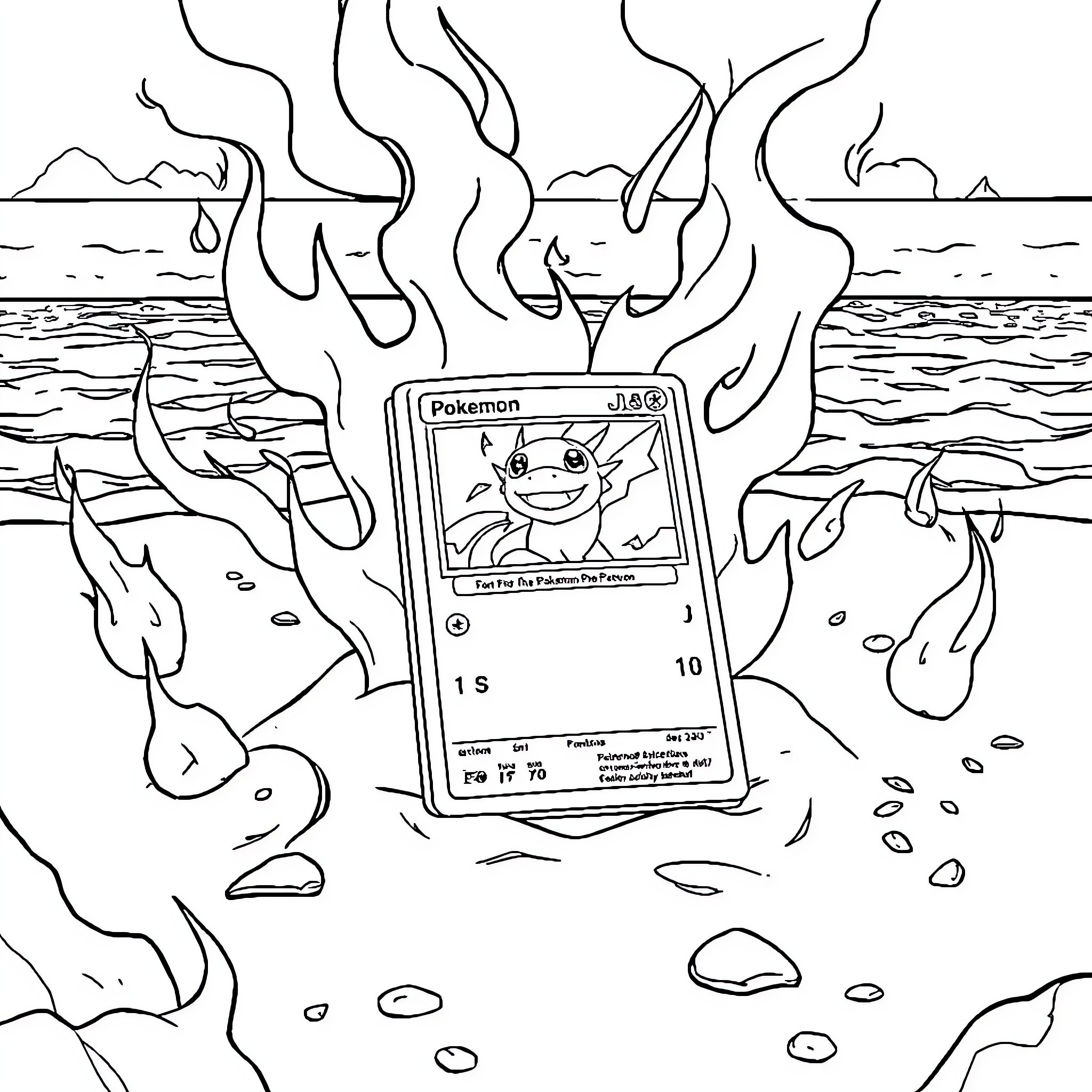 Pokémon card caught in magical flames Coloring Page (free black-and-white line drawing printable PDF for all, from beginners to advanced learners, including children, teens, adults, and seniors)