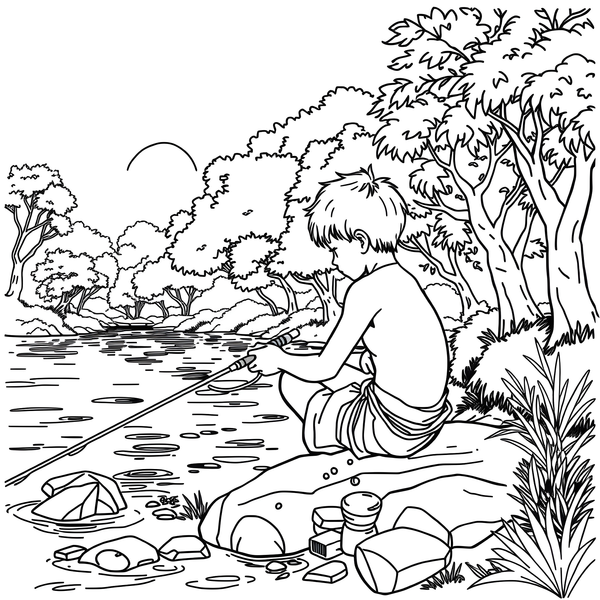 Boy exploring nature by a river Coloring Page (free black-and-white line drawing printable PDF for all, from beginners to advanced learners, including children, teens, adults, and seniors)
