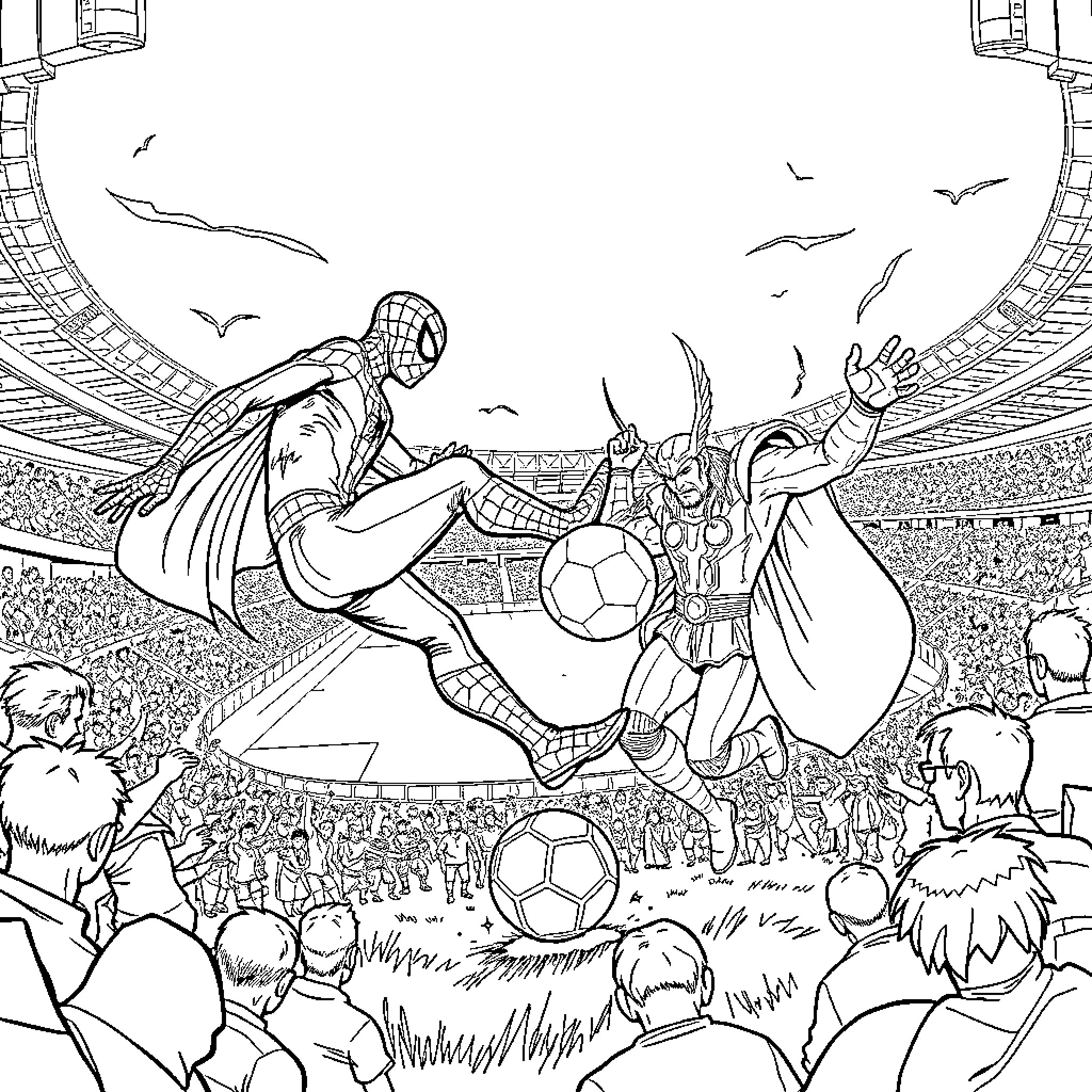 Spider-Man's Soccer Showdown in the Stadium Coloring Page (free black-and-white line drawing printable PDF for all, from beginners to advanced learners, including children, teens, adults, and seniors)