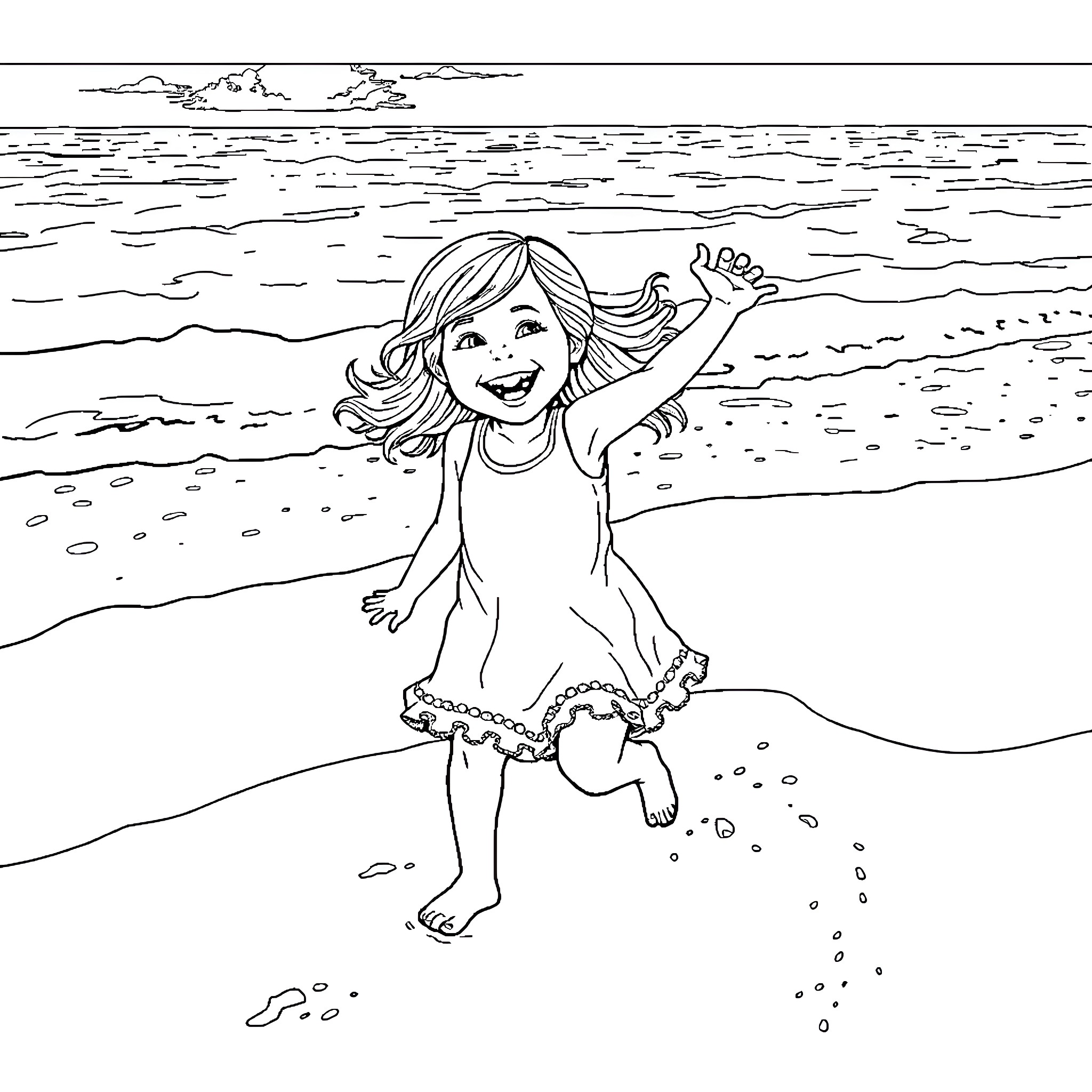 Girl joyfully playing in the waves Coloring Page (free black-and-white line drawing printable PDF for all, from beginners to advanced learners, including children, teens, adults, and seniors)