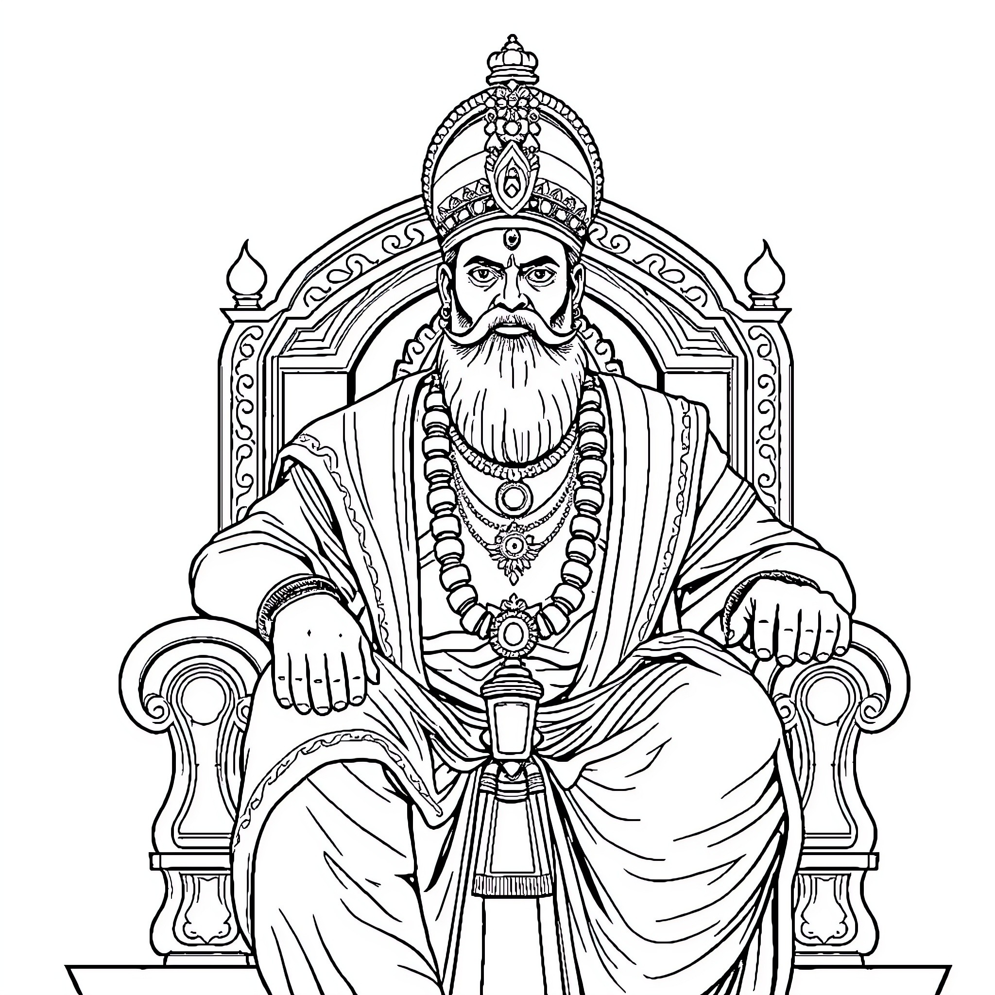 Chatrapati Shivaji Maharaj Seated on the Throne Coloring Page (free black-and-white line drawing printable PDF for all, from beginners to advanced learners, including children, teens, adults, and seniors)