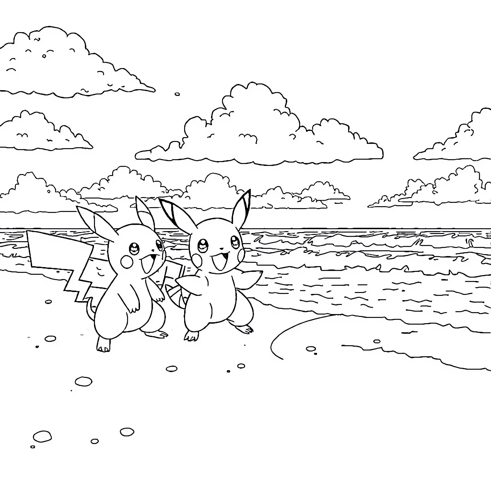 Pokémon Beach Fun with Pikachu and Friends Coloring Page (free black-and-white line drawing printable PDF for all, from beginners to advanced learners, including children, teens, adults, and seniors)