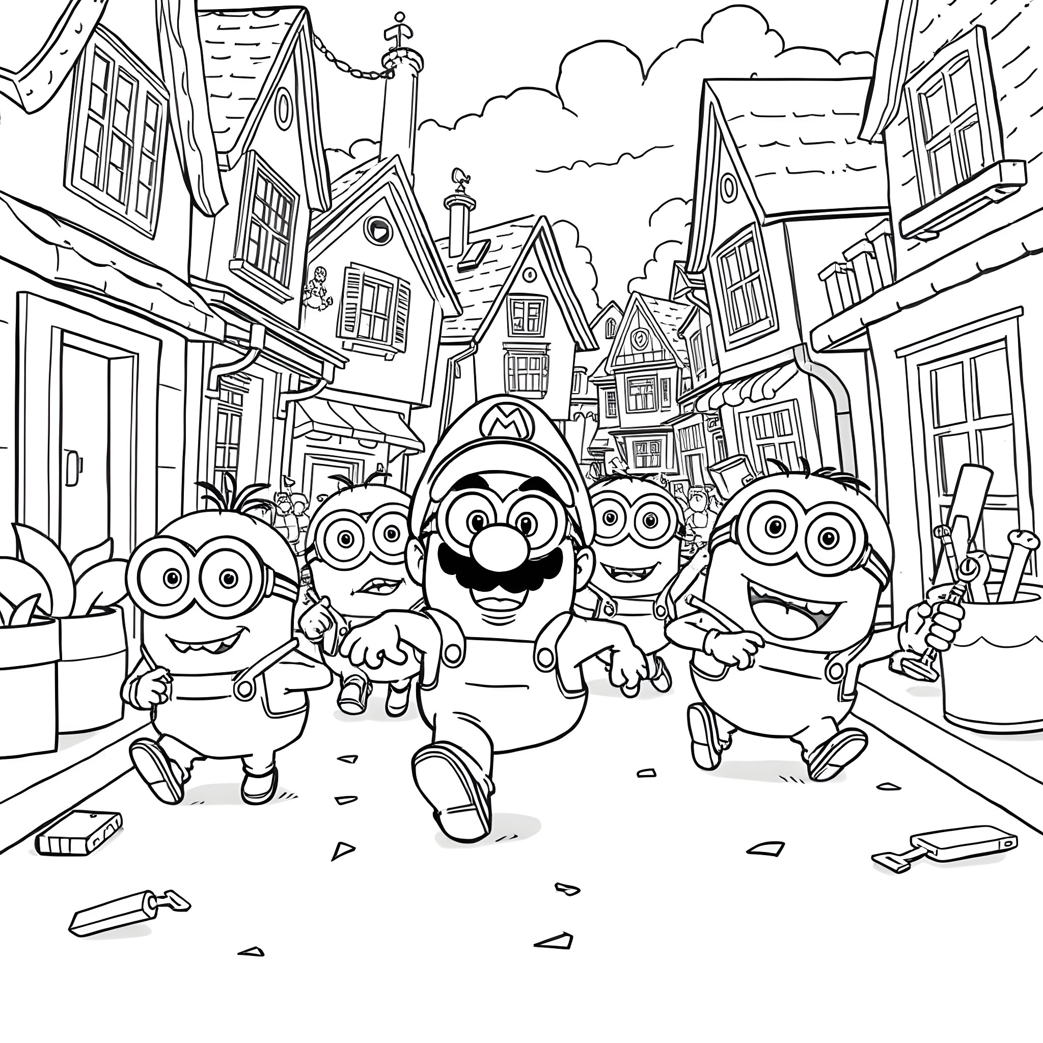 Minions Exploring the Whimsical Town Coloring Page (free black-and-white line drawing printable PDF for all, from beginners to advanced learners, including children, teens, adults, and seniors)