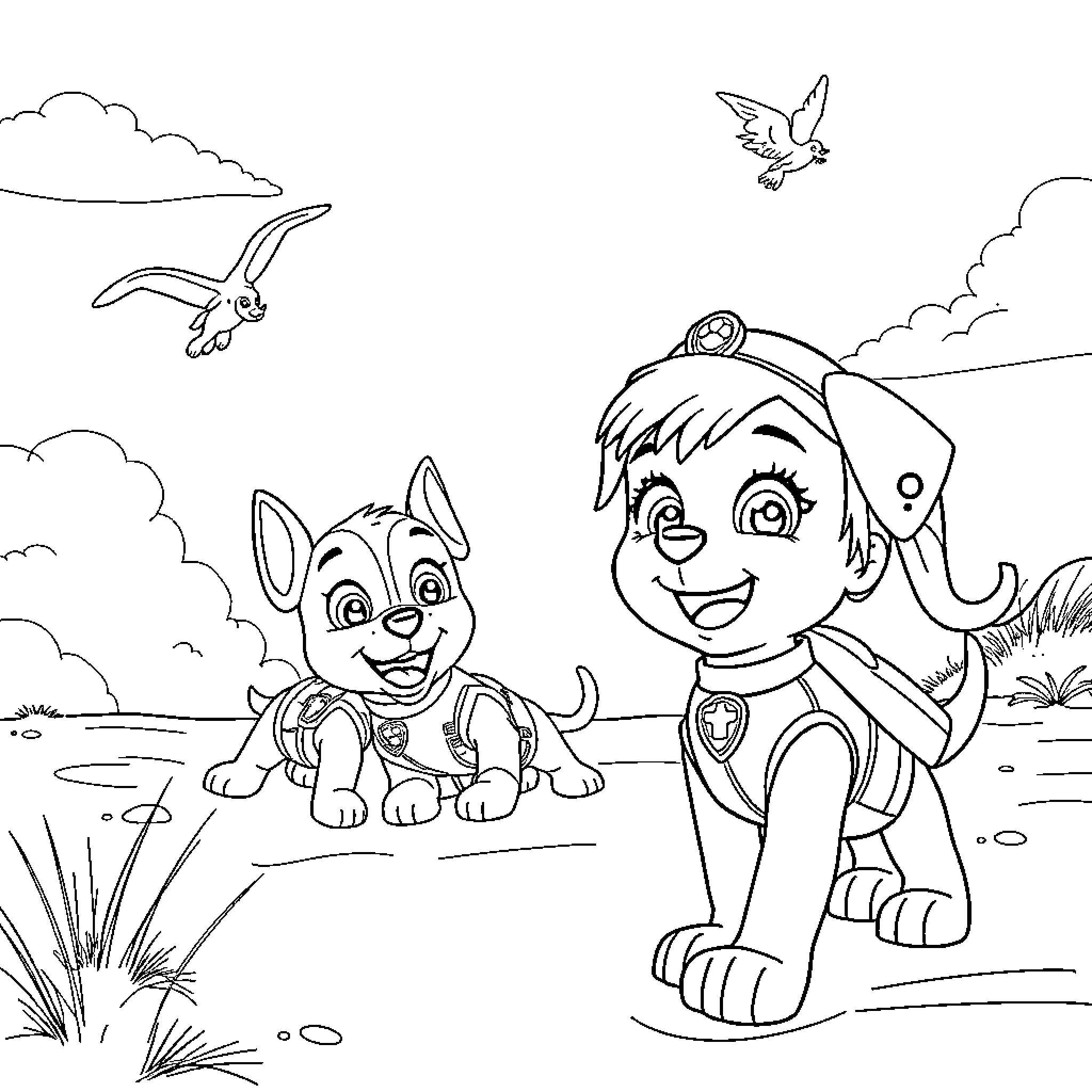 Paw Patrol characters on an adventure Coloring Page (free black-and-white line drawing printable PDF for all, from beginners to advanced learners, including children, teens, adults, and seniors)