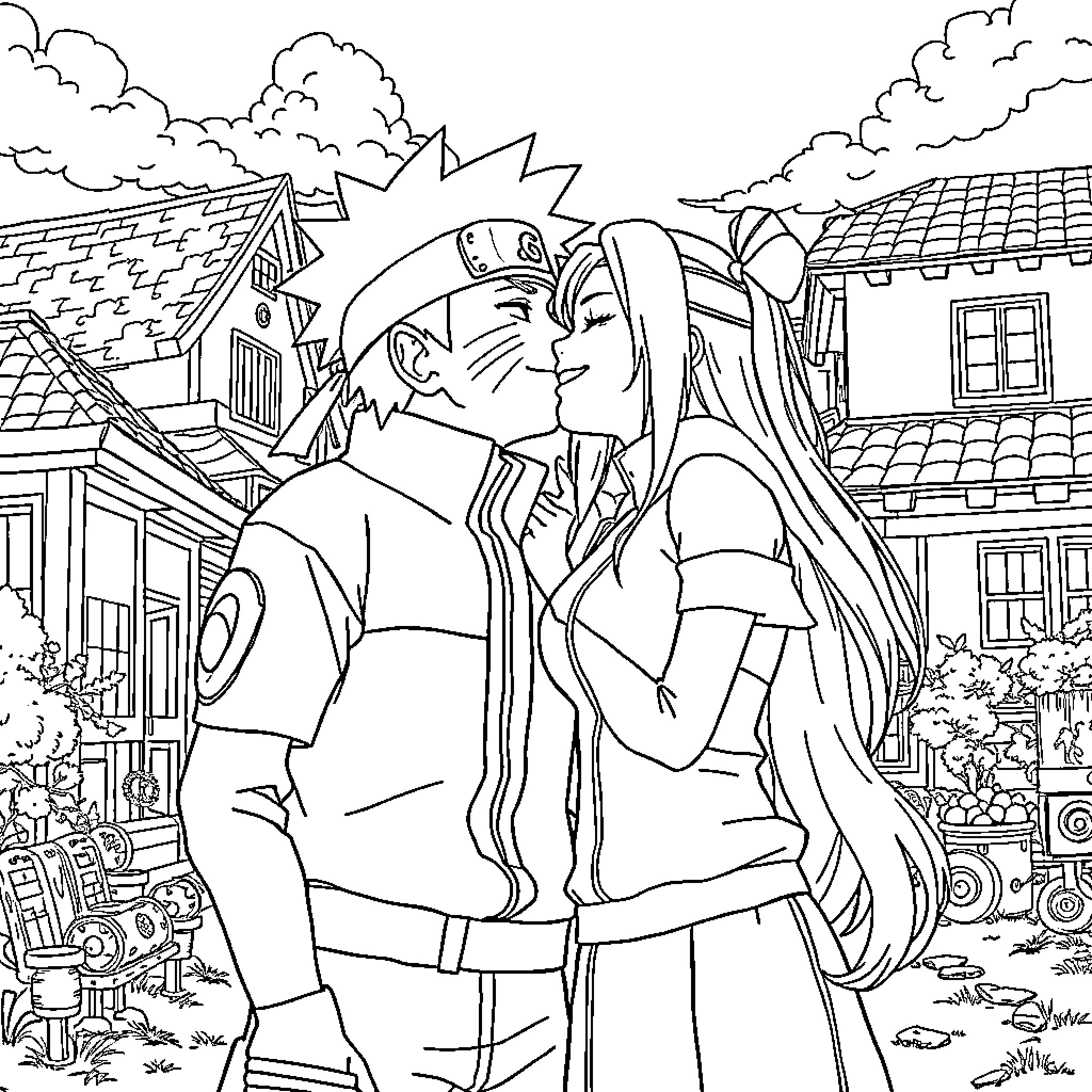 Naruto and Sakura in a heartwarming embrace Coloring Page (free black-and-white line drawing printable PDF for all, from beginners to advanced learners, including children, teens, adults, and seniors)